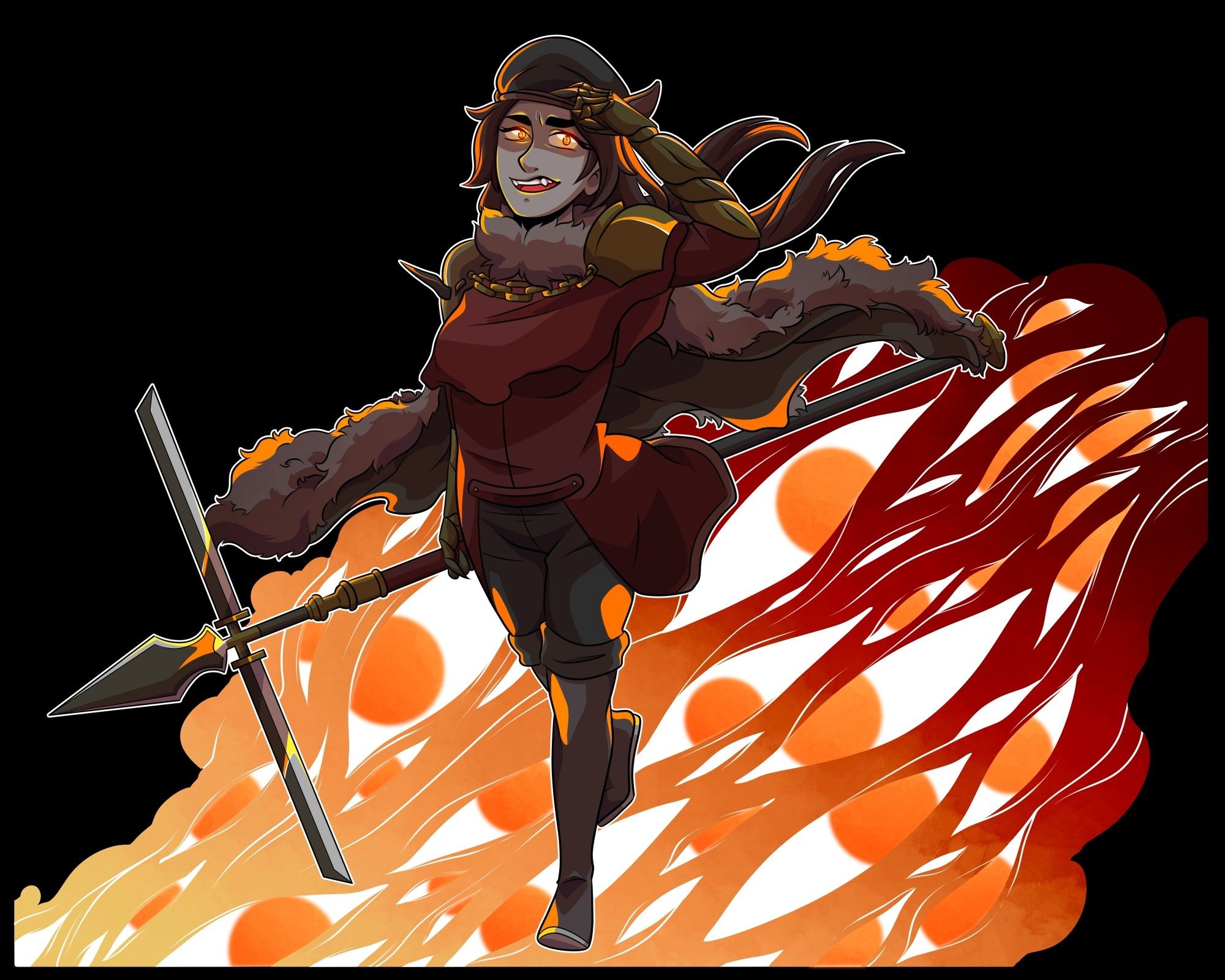 A woman stands holding a cross shaped halberd, looking at the viewer with a smirk. Her eyes glow orange as she lifts up her cap.