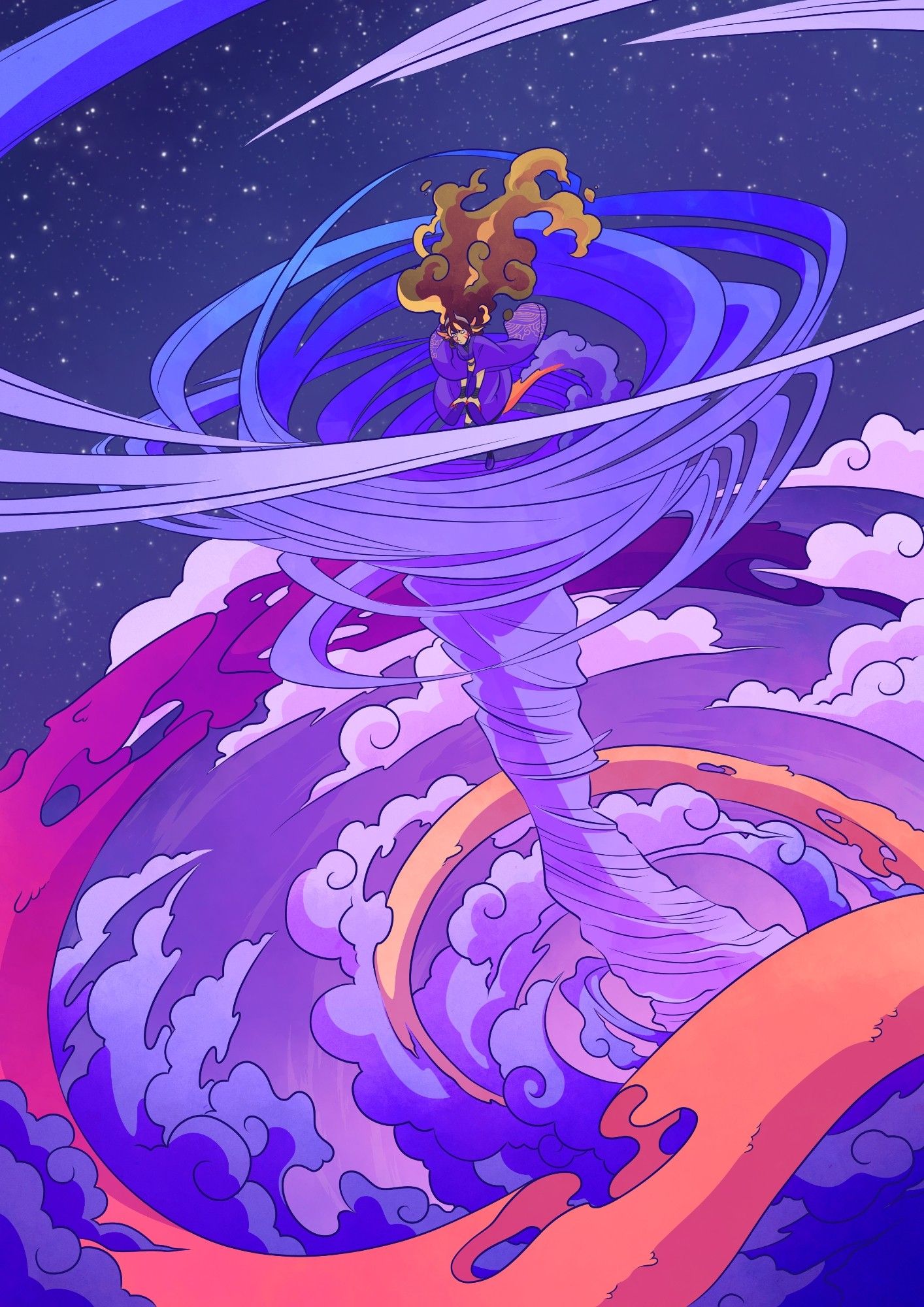 A woman is in a tornado, which is surrounded by a dragon's tail and clouds.