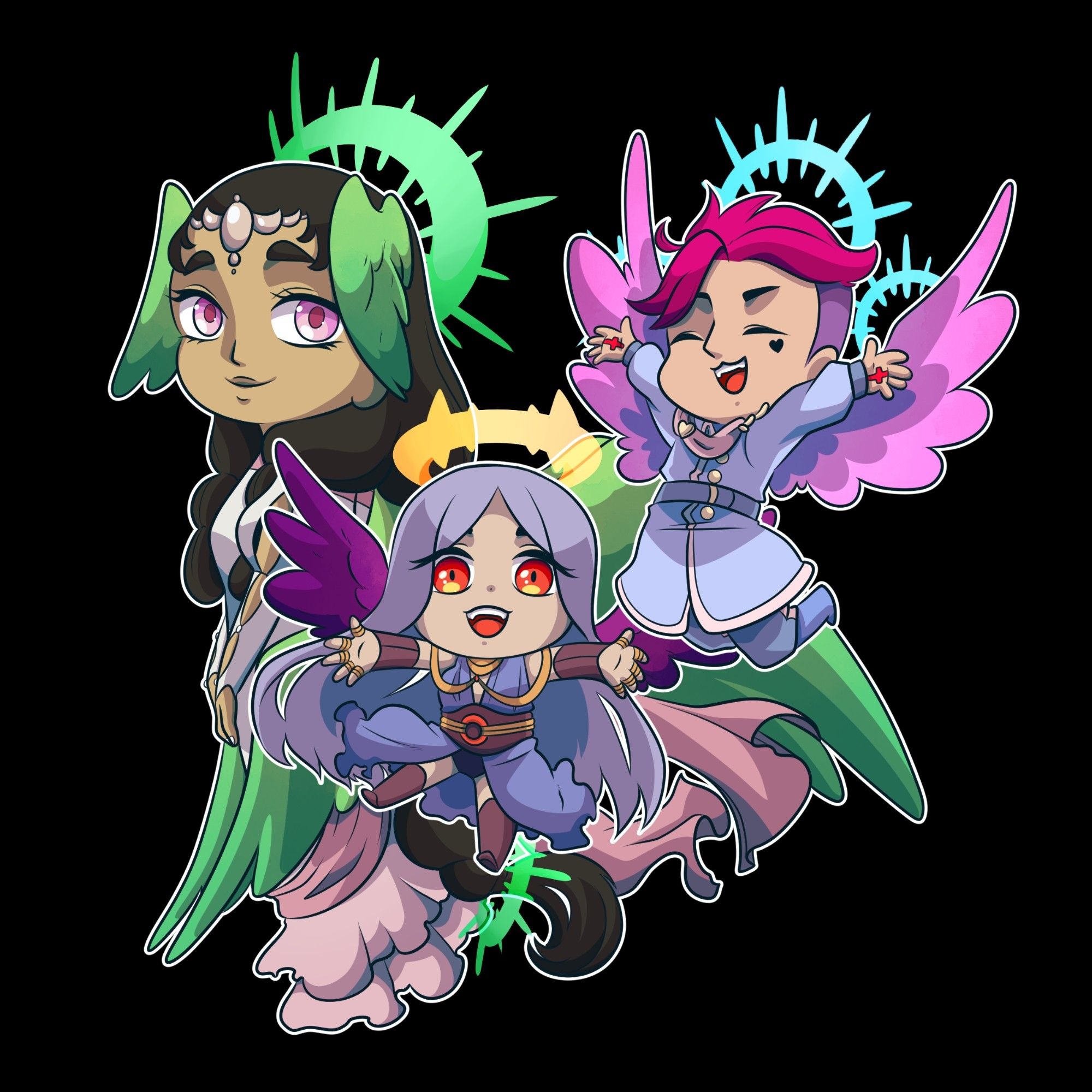 Three angel chibis, two flying in joy and the third standing serenely behind them.