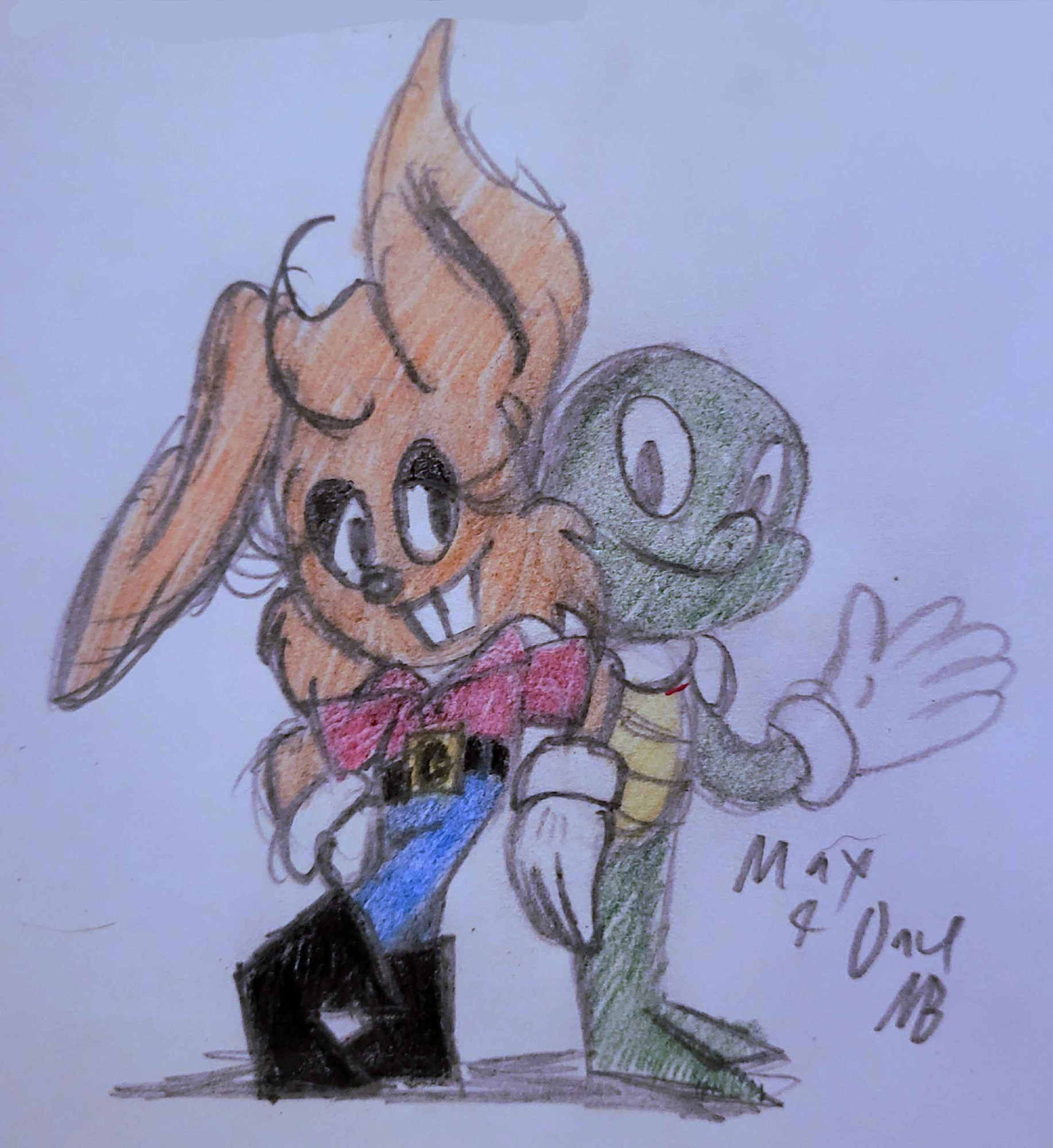 Light-tan hare in red polo shirt, gloves, jeans, and black boots w/ green tortoise, yellow shell, white ascot, and gloves; they're posing together