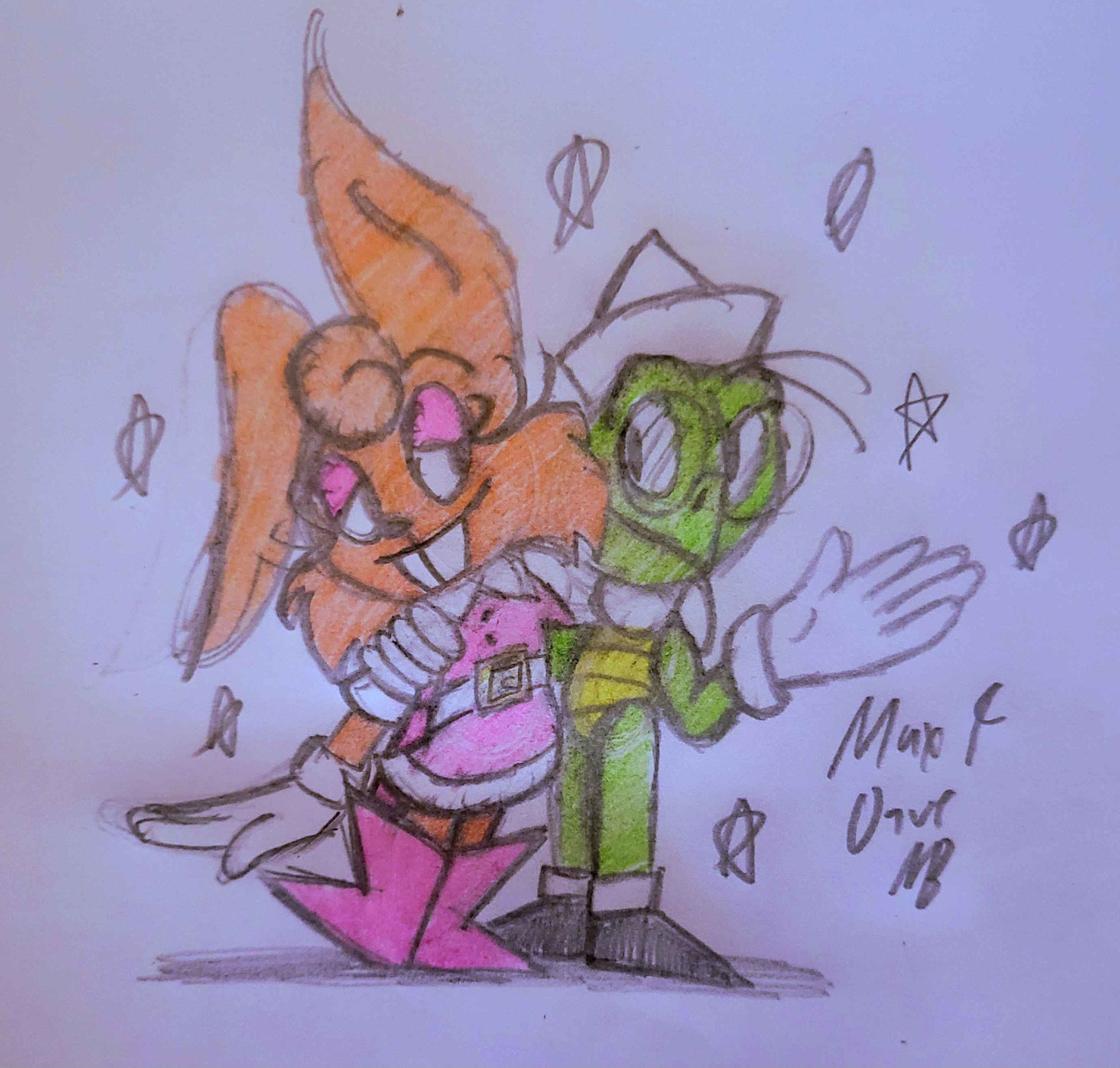 Max Periwinkle, wearing a pink outfit, being held onto by Dave