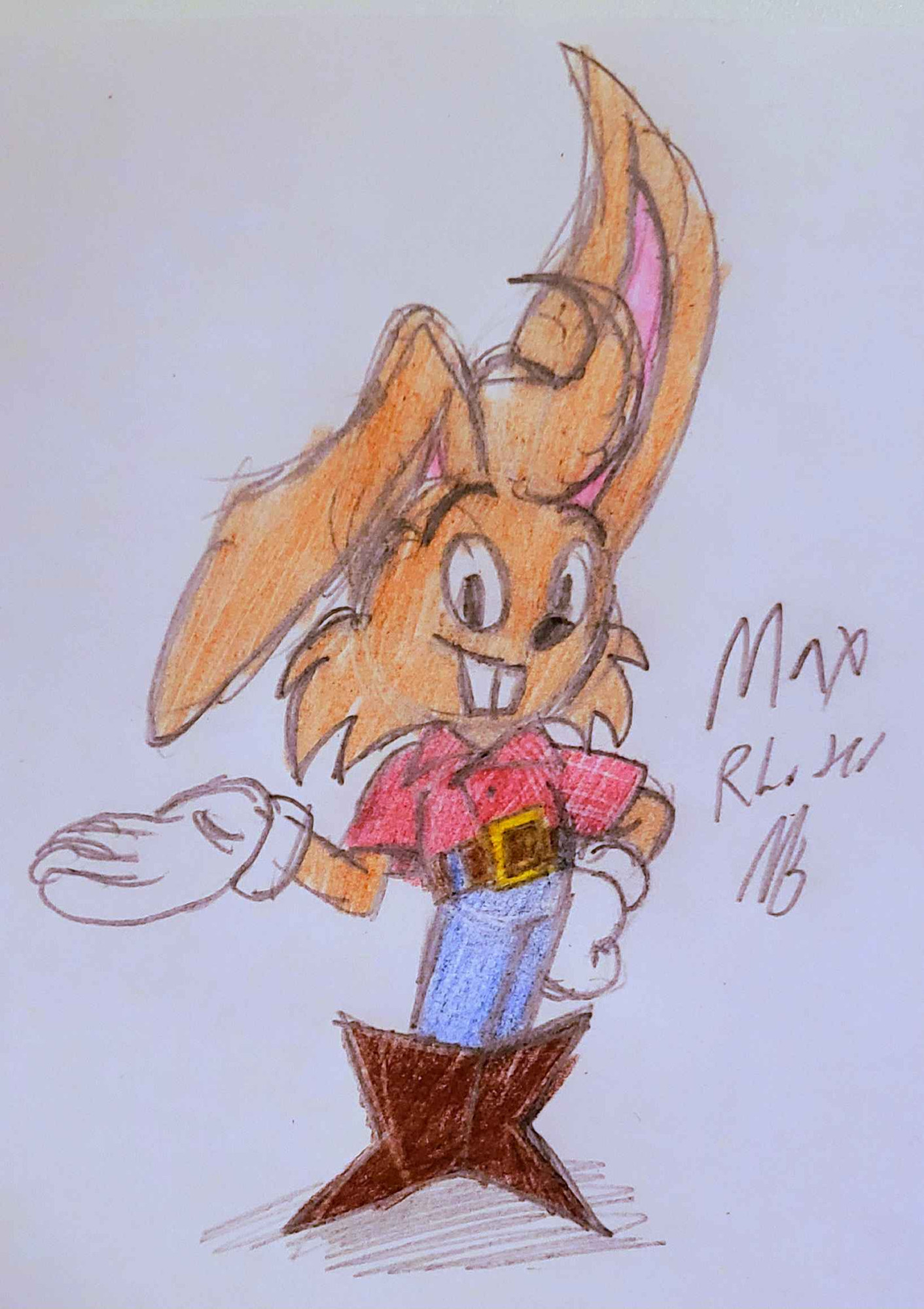 tan rabbit in white gloves, red polo, blue jeans, and brown boots