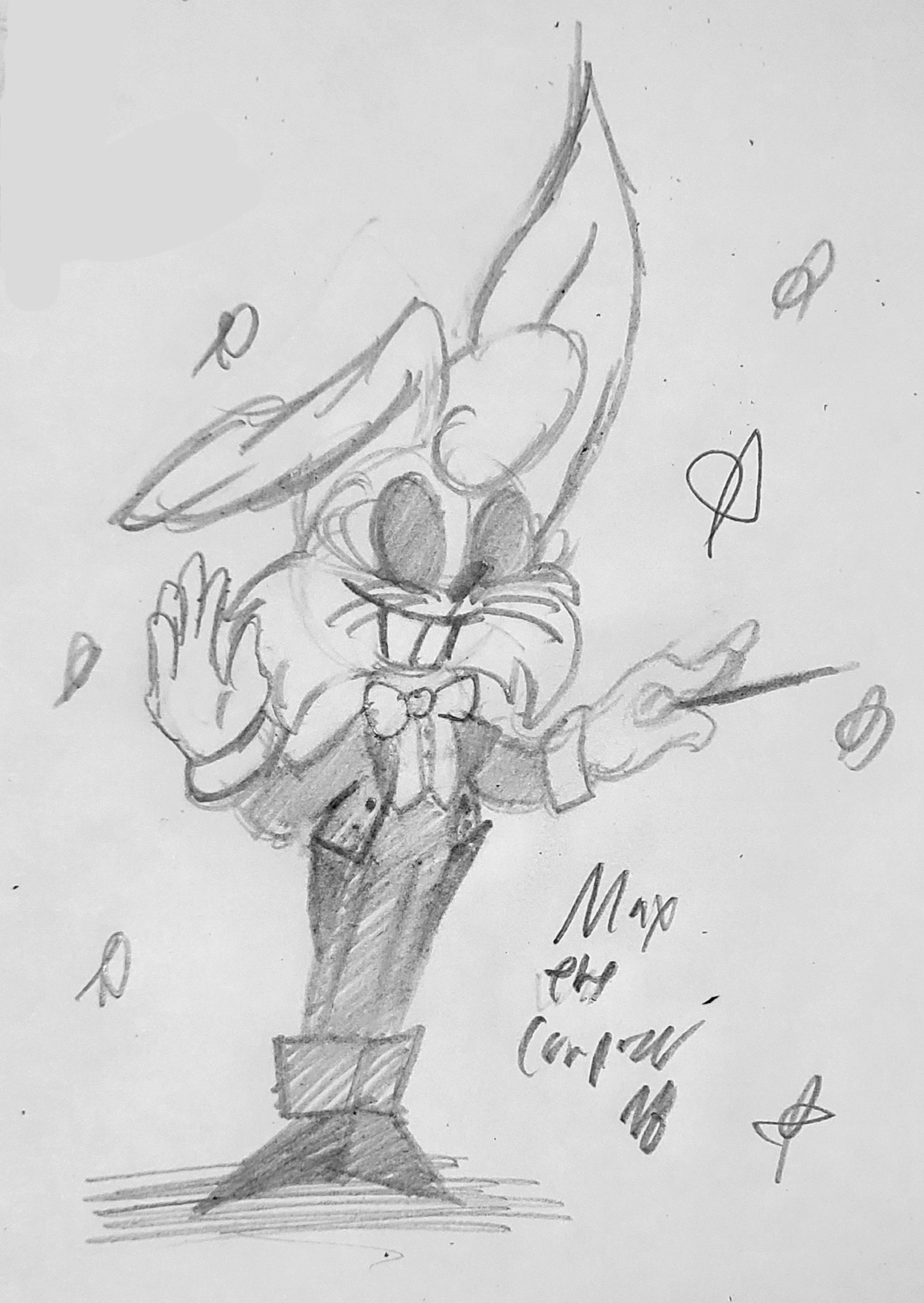 Max, the hare, wearing a white tie outfit while conducting