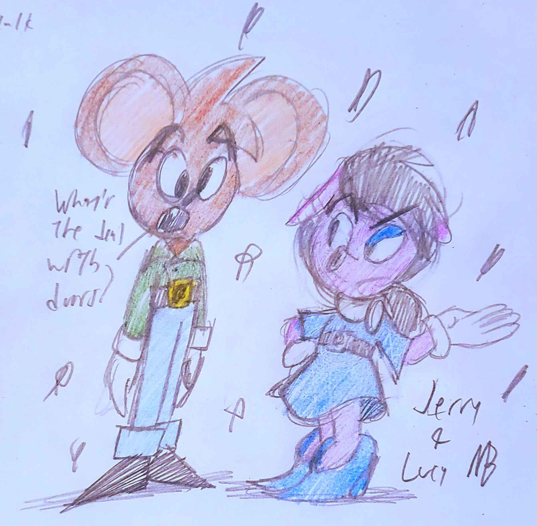 Grizzly Bear Jerry doing stand up, in that doofy outfit, while Lucy watches with criticism; this is the first pic I did of her, with a hairstyle I won't be using