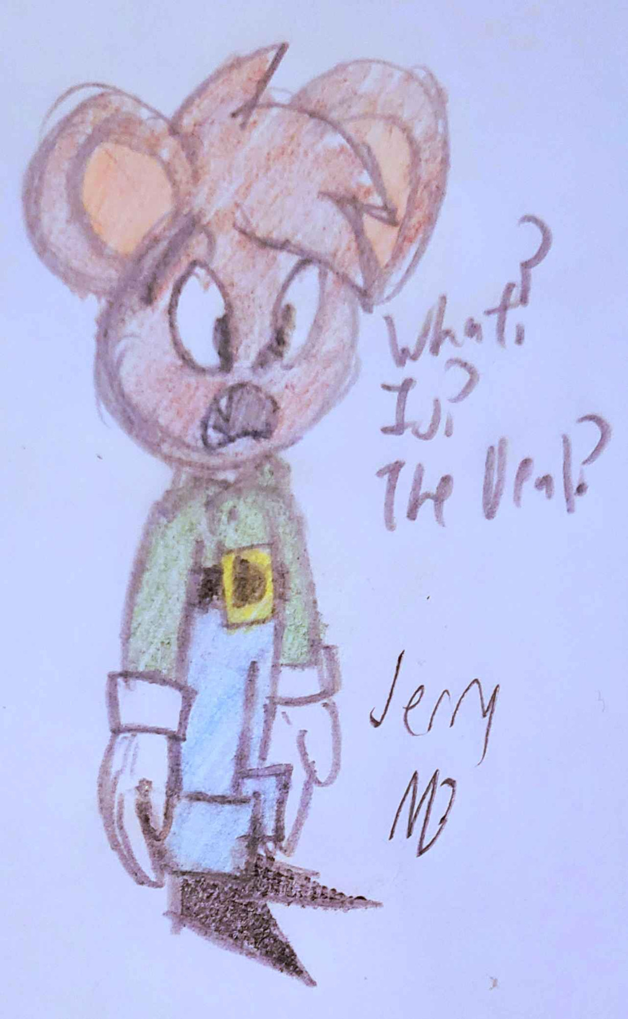 brown bear in green polo shirt, white gloves, jeans, and black shoes; he has a ghoulish expression on his face and is parodying Jim Carrey's impression of Jerry Seinfeld