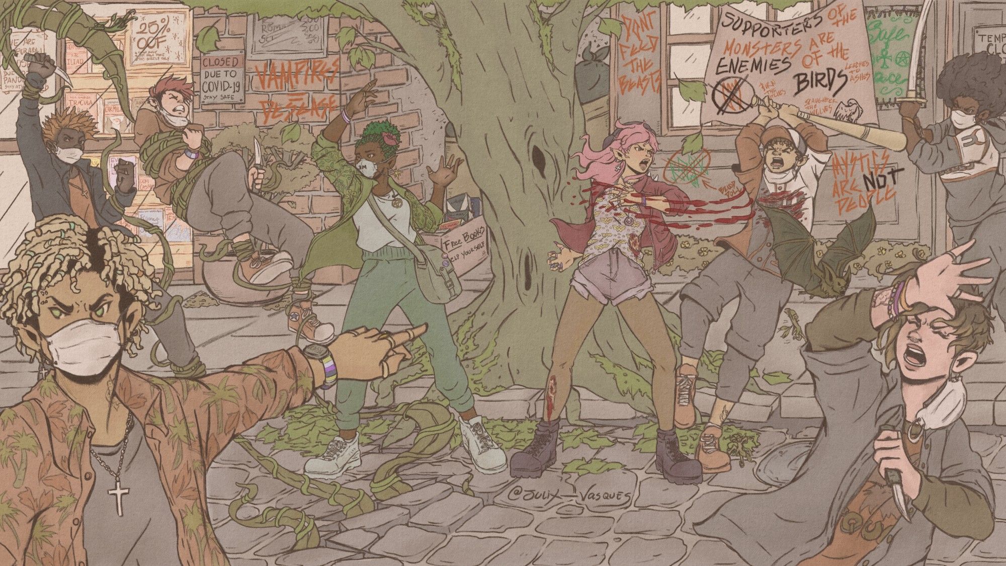 digital art of two women, a witch and a vampire, side-by-side fighting against a bunch of humans. they all use face masks due to covid pandemic. there is a big tree in the middle, and the witch uses it to manipulate the roots in order to use them against two humans, tying them. the vampire is using her claws to hurt a guy who tries to attack her with a baseball bat. there is a animal bat attacking another human, helping the vampire, and there is a pissed off human pointing to the vampire, calling other to attack her