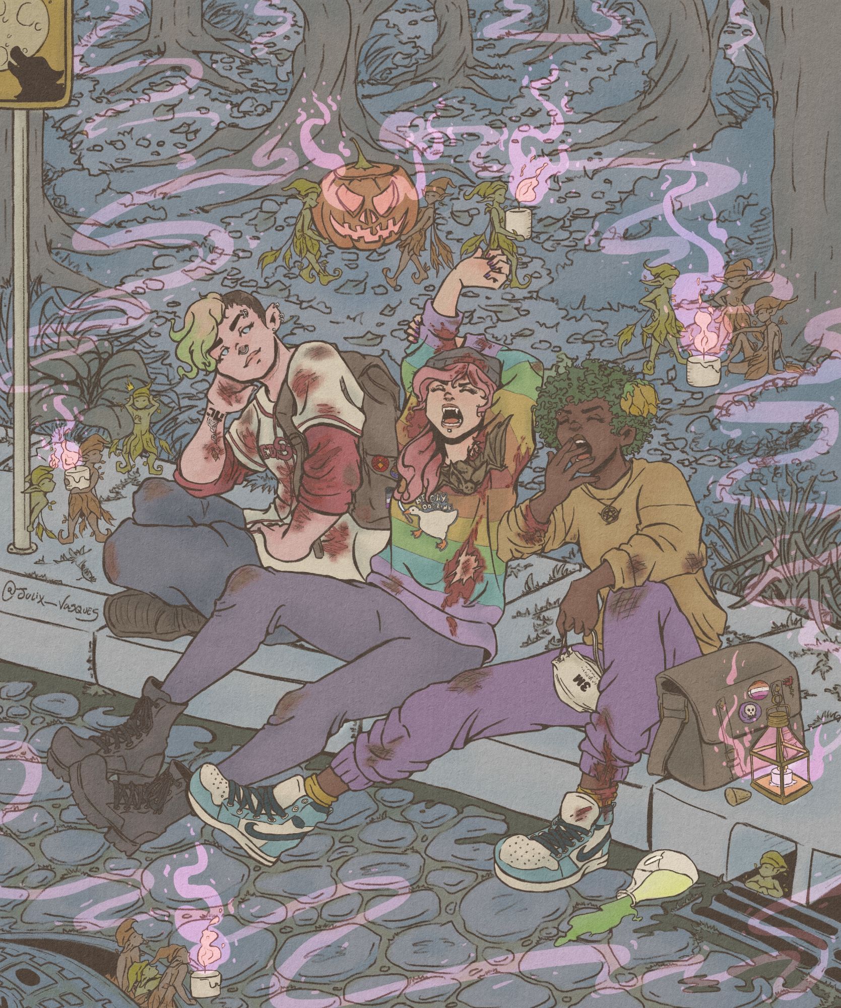 digital art of three tired women sitting in a sidewalk. they're surrounded by little pixies who carry candles with a magical flame, and there are two pixies carrying a big pumpking. the women are two vampires and a witch. the vampires are white women and the witchi is a black woman. they are all dirty, mostly with blood