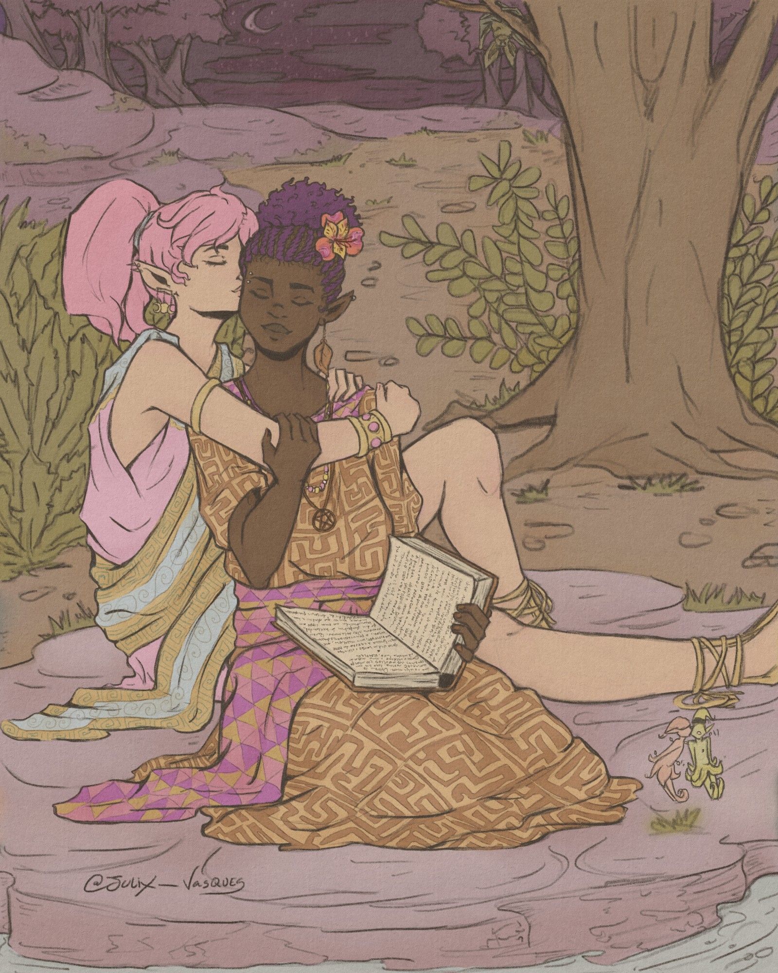 digital art of a couple chilling out, sitting in nature. they're two women, a vampire and a witch. the vampire is a white woman, with pink hair in a ponytail; she's holding the witch's shoulders from behind, and gives her a kiss in the temple. The witch is a black woman, with purple short hair, in which she has a flower. she has a open book in her hands. they're both wearing peplos with very detailed patterns.