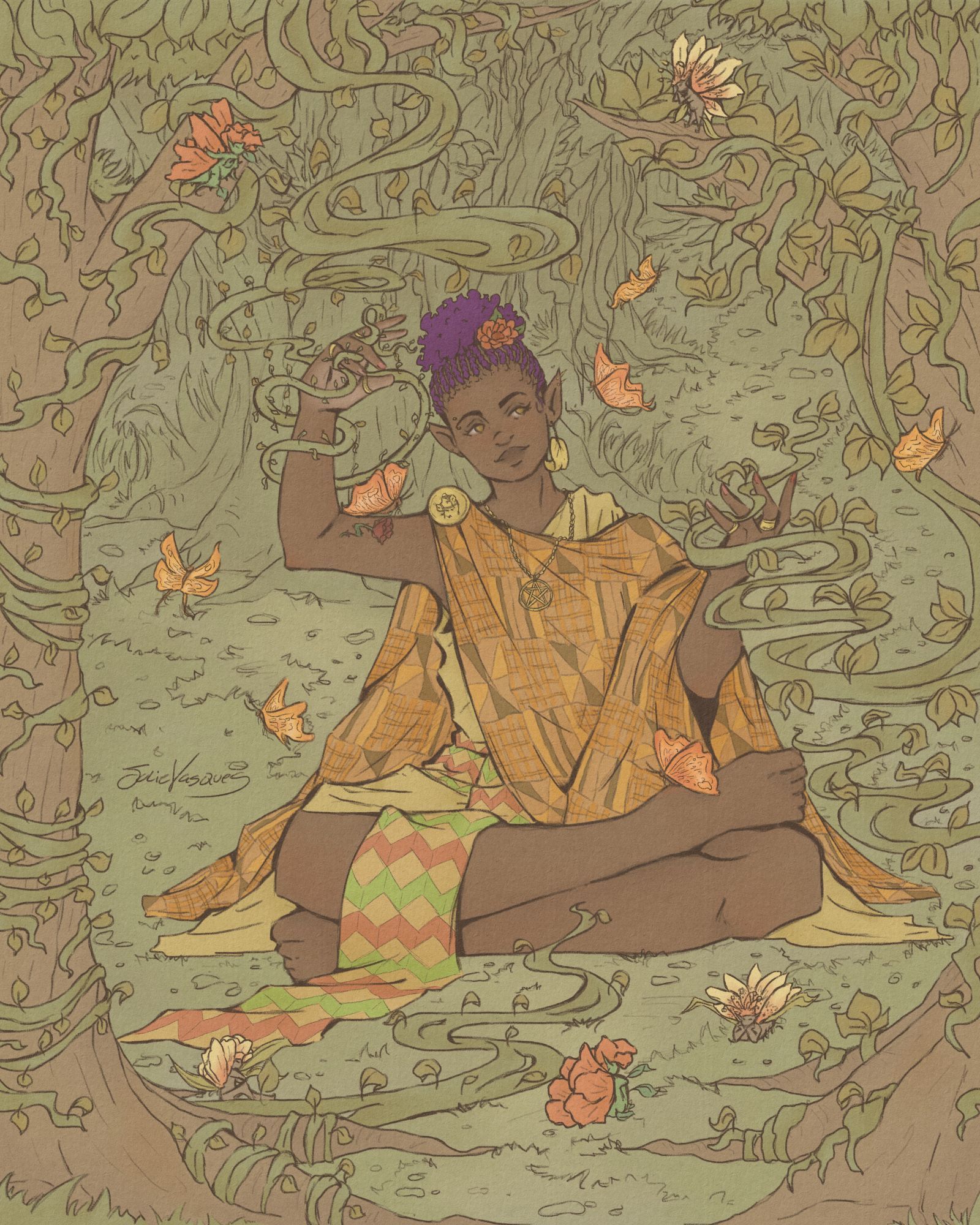 digital art of a witchi in the woods conjuring vines from the trees. The witch is a black woman with short braided purple hair, adorned with a flower. she is wearing an orange cloak with african pattern and a yellow robe. there are many butterflies surrounding her and some fairies whose wings resemble flowers. the witch is sitting on the grass and looks peaceful