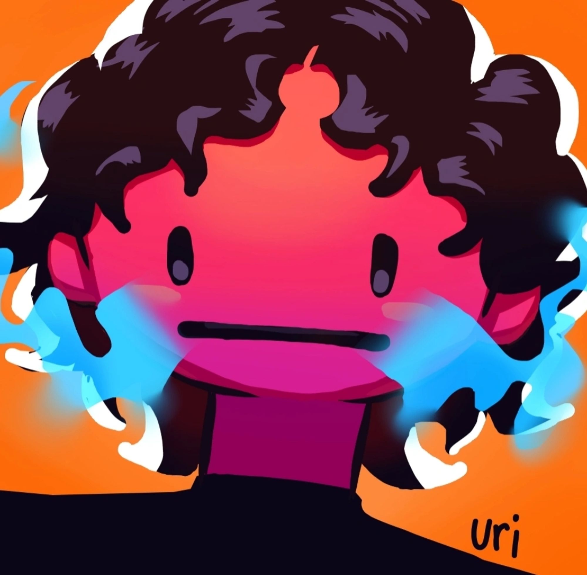 Persona of myself. Pink guy, black curly hair, poker face and magic exhaling from its cheeks