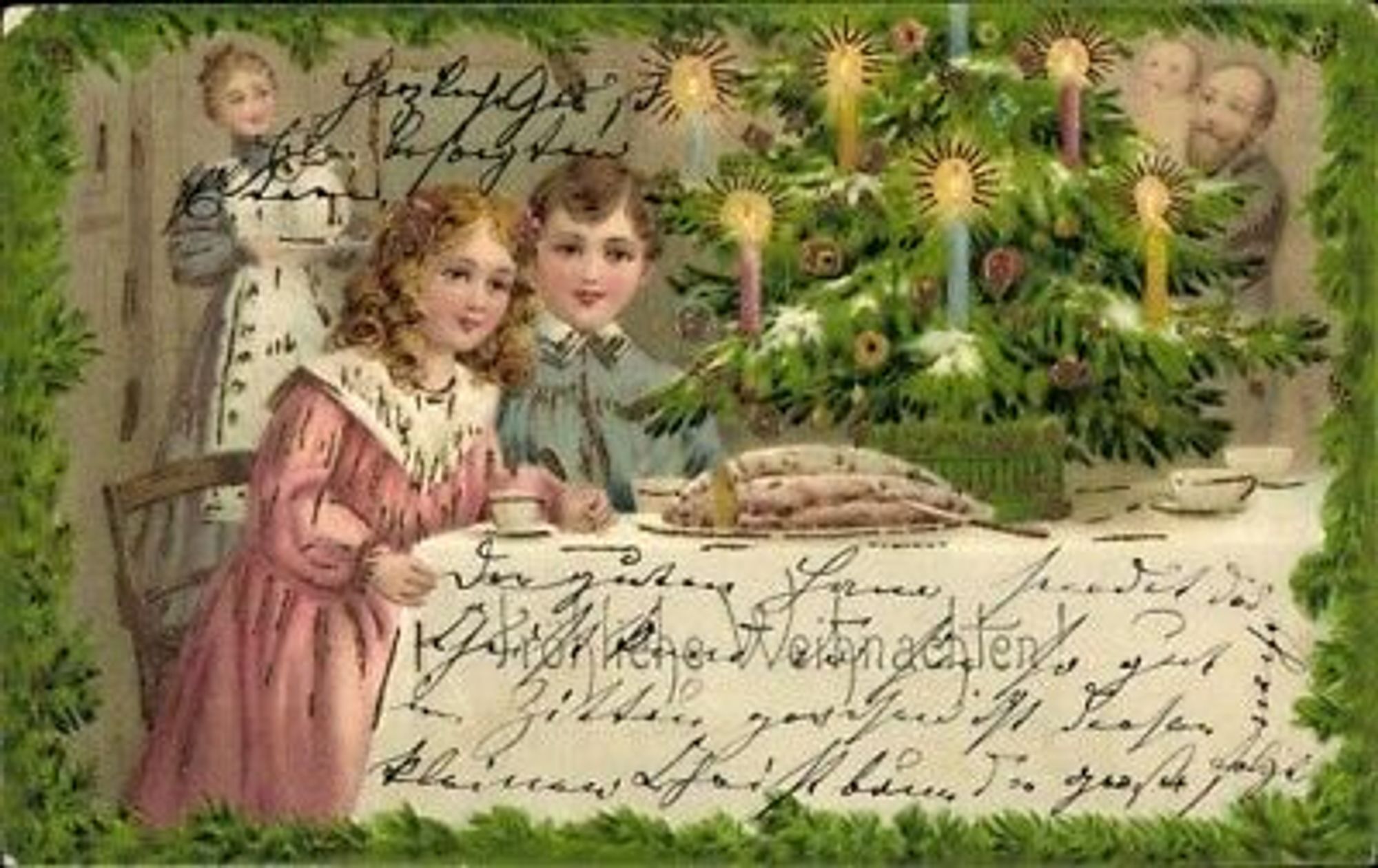 An old postcard from the turn of the last century depicting a girl and a boy admiring a Stollen in front of a christmas tree with lit candles