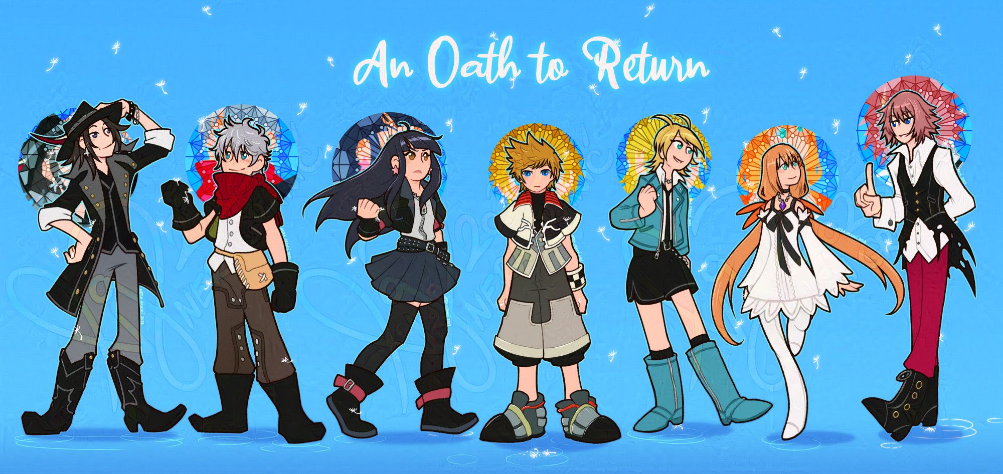 Lineup of the cast of characters from Kingdom Hearts Union Cross - Brain, Ephemer, Skuld, Ventus, Elrena, Strelitzia and Lauriam. They appear to be standing on water's surface with dandelion seesd falling around them. Behind their heads are stained glass circles with their colors. Above them written 'An Oath to Return'