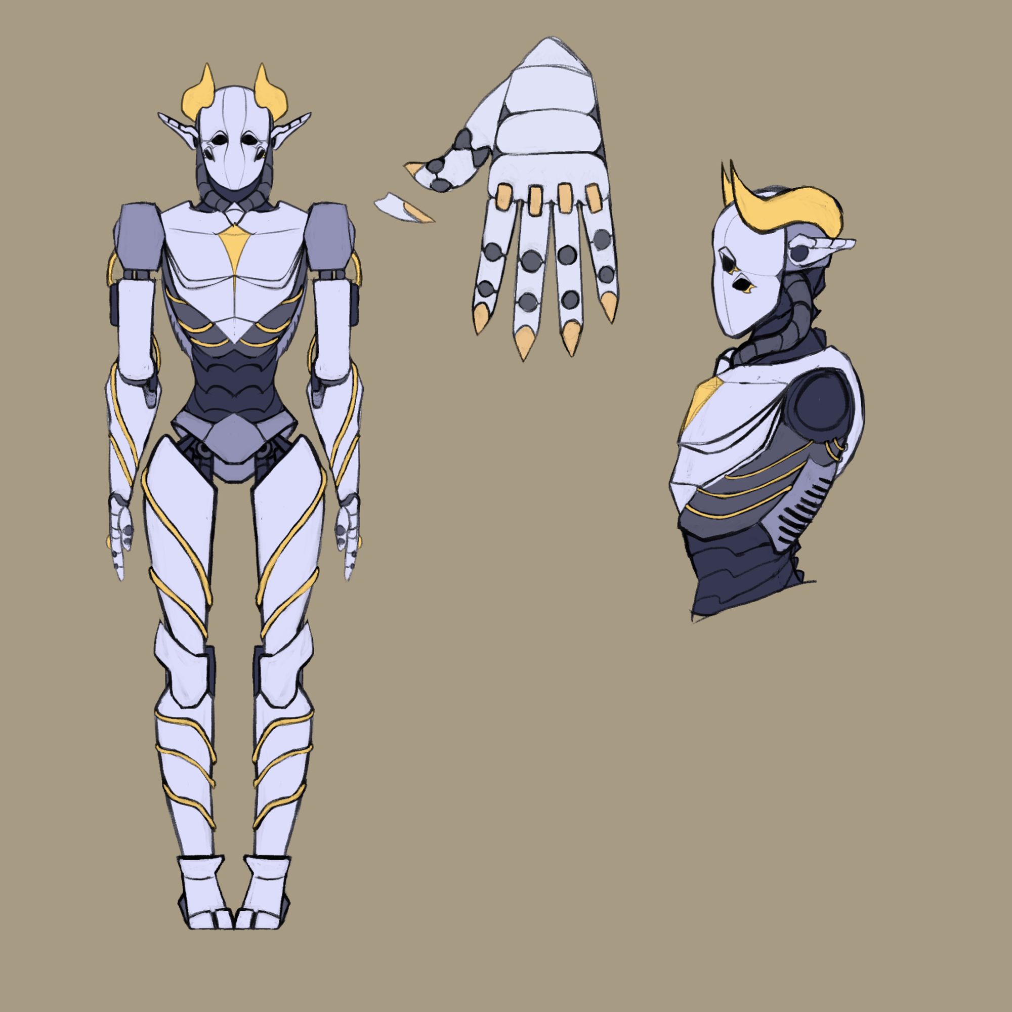 warforged dnd character consiting mostly of blue tinted greys and a  contrasting yellow