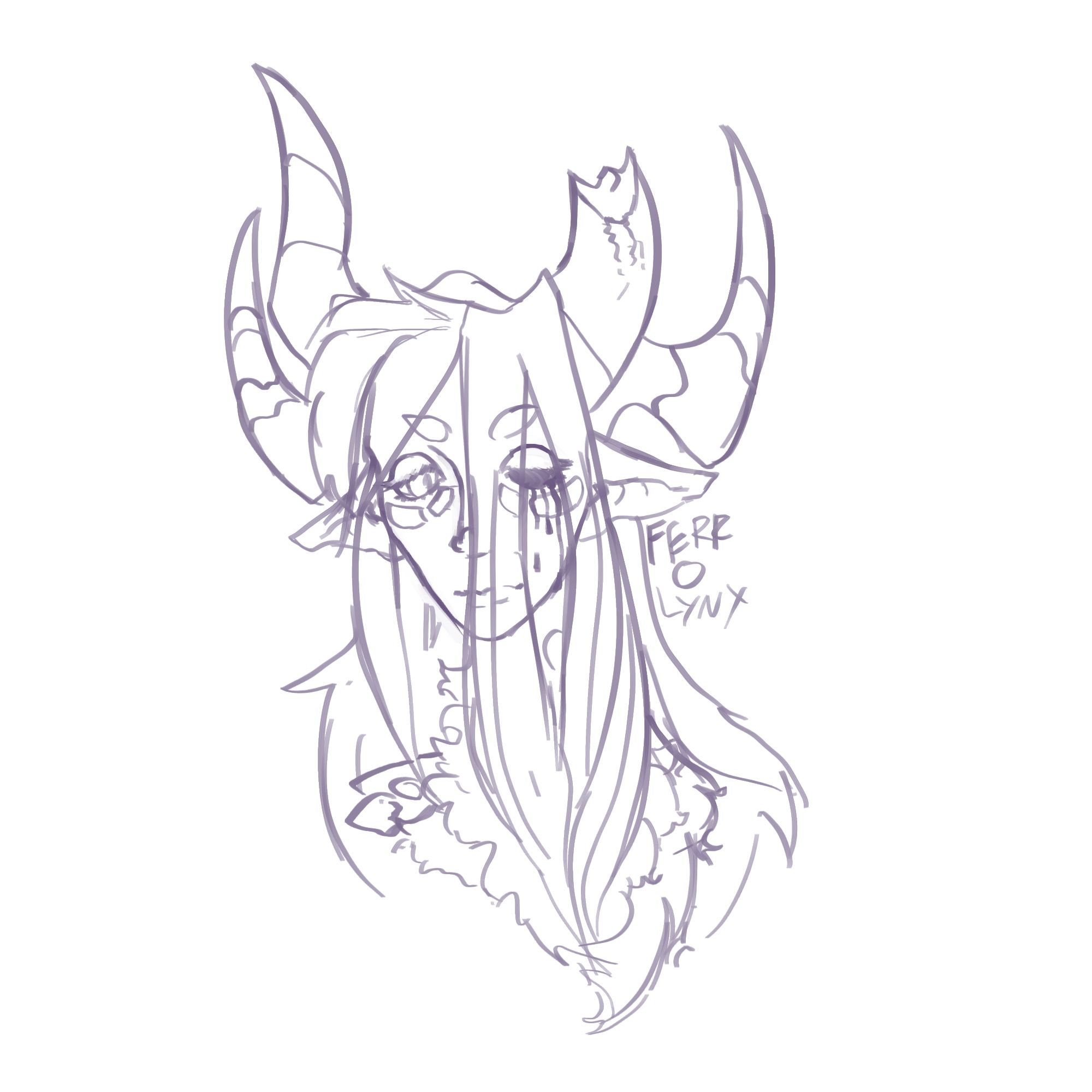 humanoid sketch of a man with four horns, one is snapped.