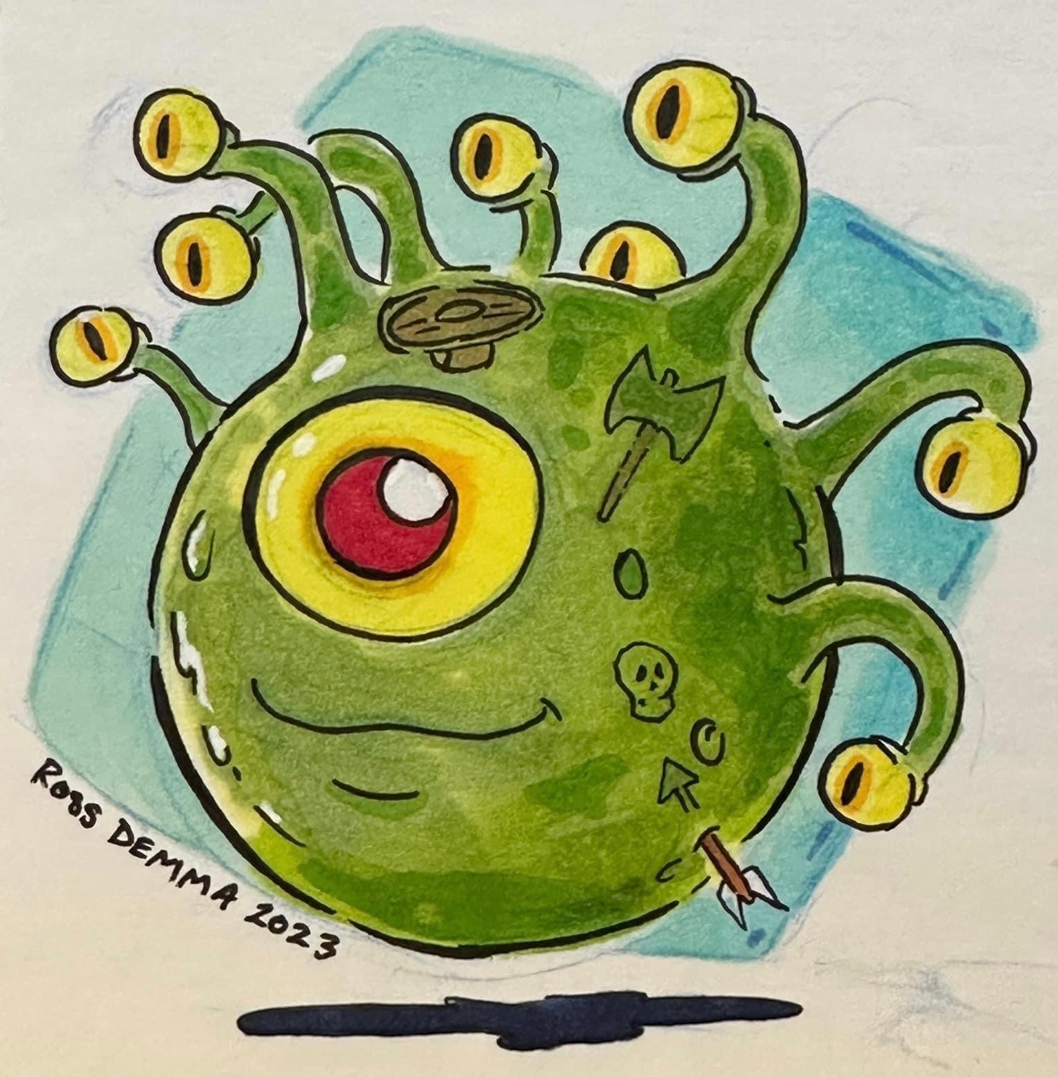 Dungeons and dragons monster "beholder": round body, single eye in the center with many eye stalks around the body. This one is a translucent "gelatinous" variety with many weapons and a skull seen inside.