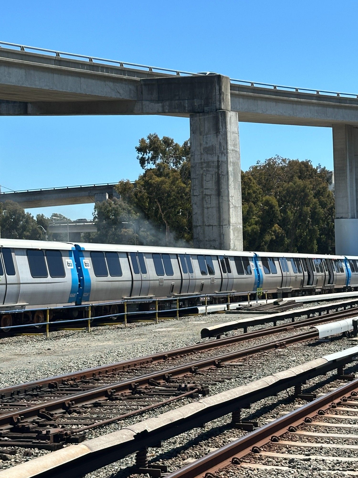 bart train with faint smoke coming from the top