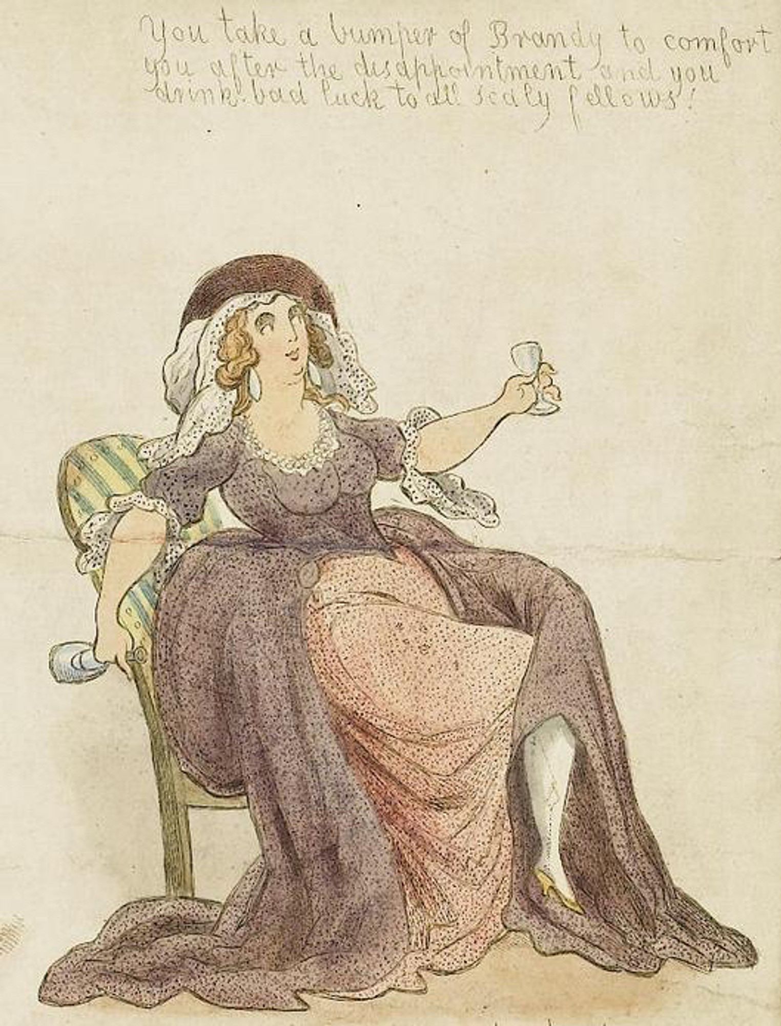 Print of an 18th-century courtesan sitting slightly dishevelled on a stripy chair, holding aloft a brandy glass