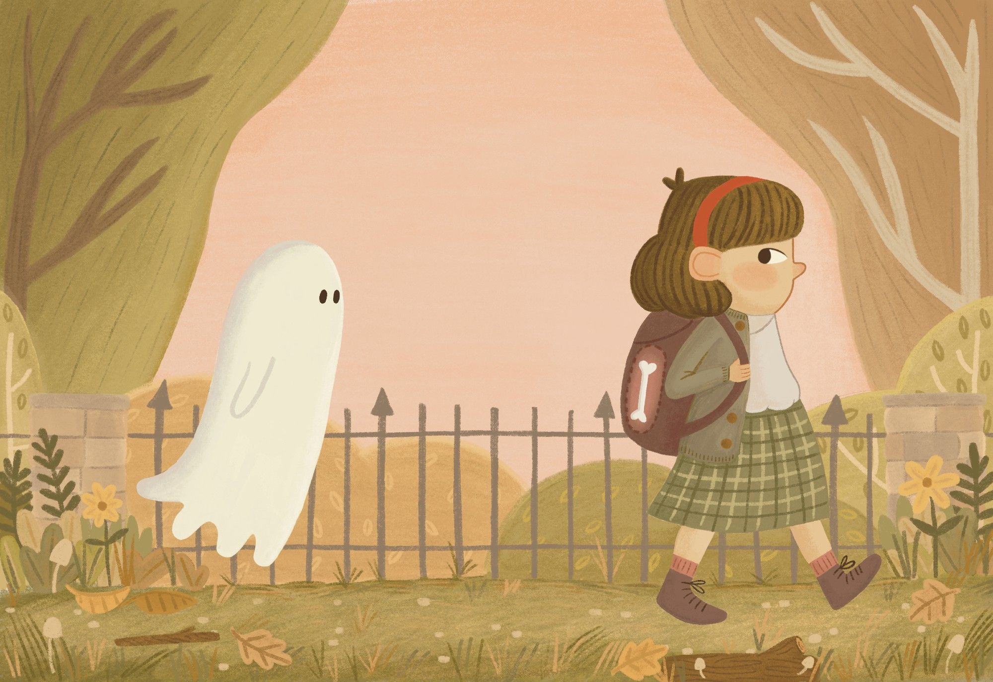 A young girl in a private school uniform walks along a wooded path in the fall. She is wearing a backpack and we can see that she has a bone inside of it. She looks slyly behind her should and sees that a ghost is following her.