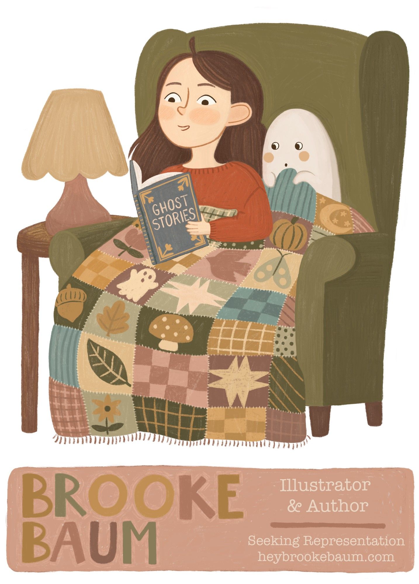 A young girl and ghost sit together on a chair. They are wrapped in a patchwork quilt. They are reading a book called "Ghost Stories." The girl looks excited by the book, but the ghost is afraid.