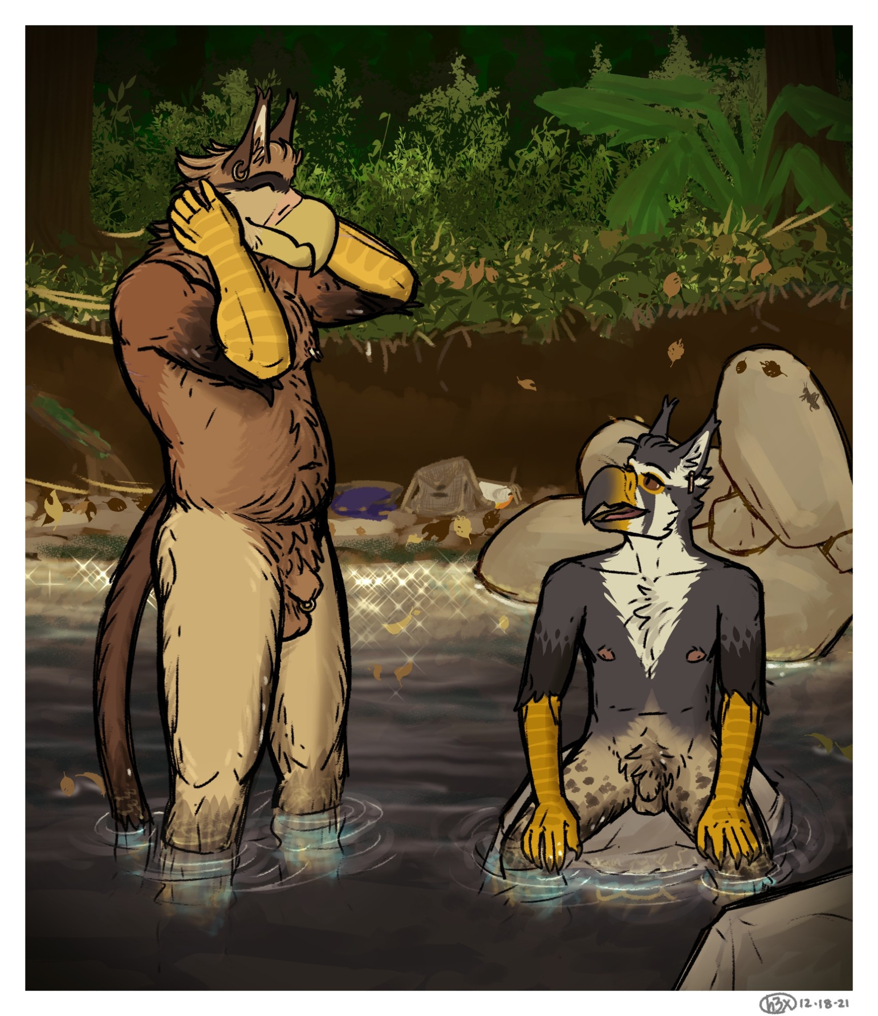 Andel, a large brown gryphon man, stands nude, knee-deep in a jungle stream. He smiles at Jasu, his younger friend and hunting partner, who sits nude on a rock with his legs in the water. Their clothes and belongings sit on the bank of the stream behind them.