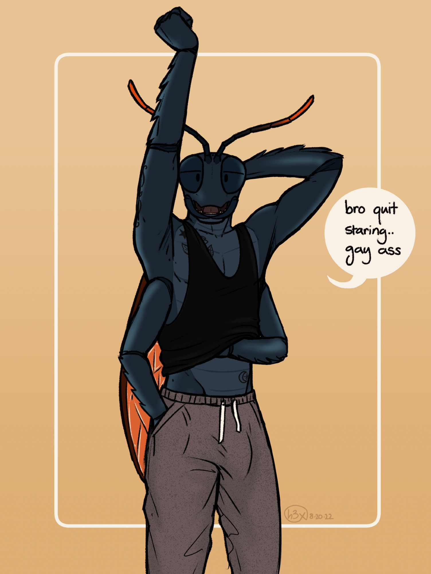 Angelo, an anthro tarantula hawk wasp, stretching his arms in a tank top and sweatpants, and very obviously wearing no underwear. he's saying "bro quit staring... gay ass"