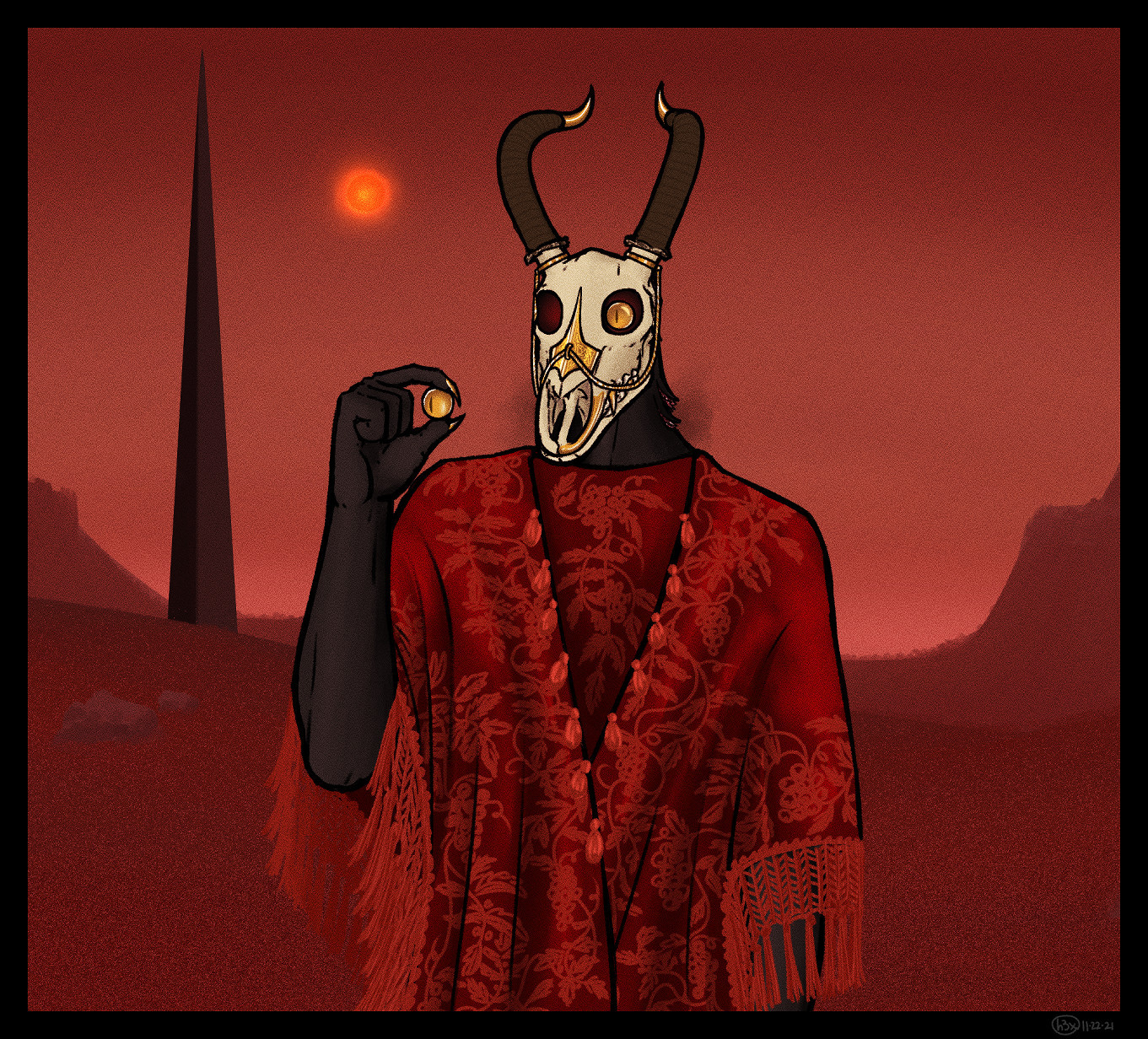 Viron more adorned in gold than usual, holding one of his gold eyes, and wearing a finely embroidered 19th century mantle. He stands on his home planet, Trethna 6b, the inhospitable red landscape and tall black form of a ship in the distance behind him