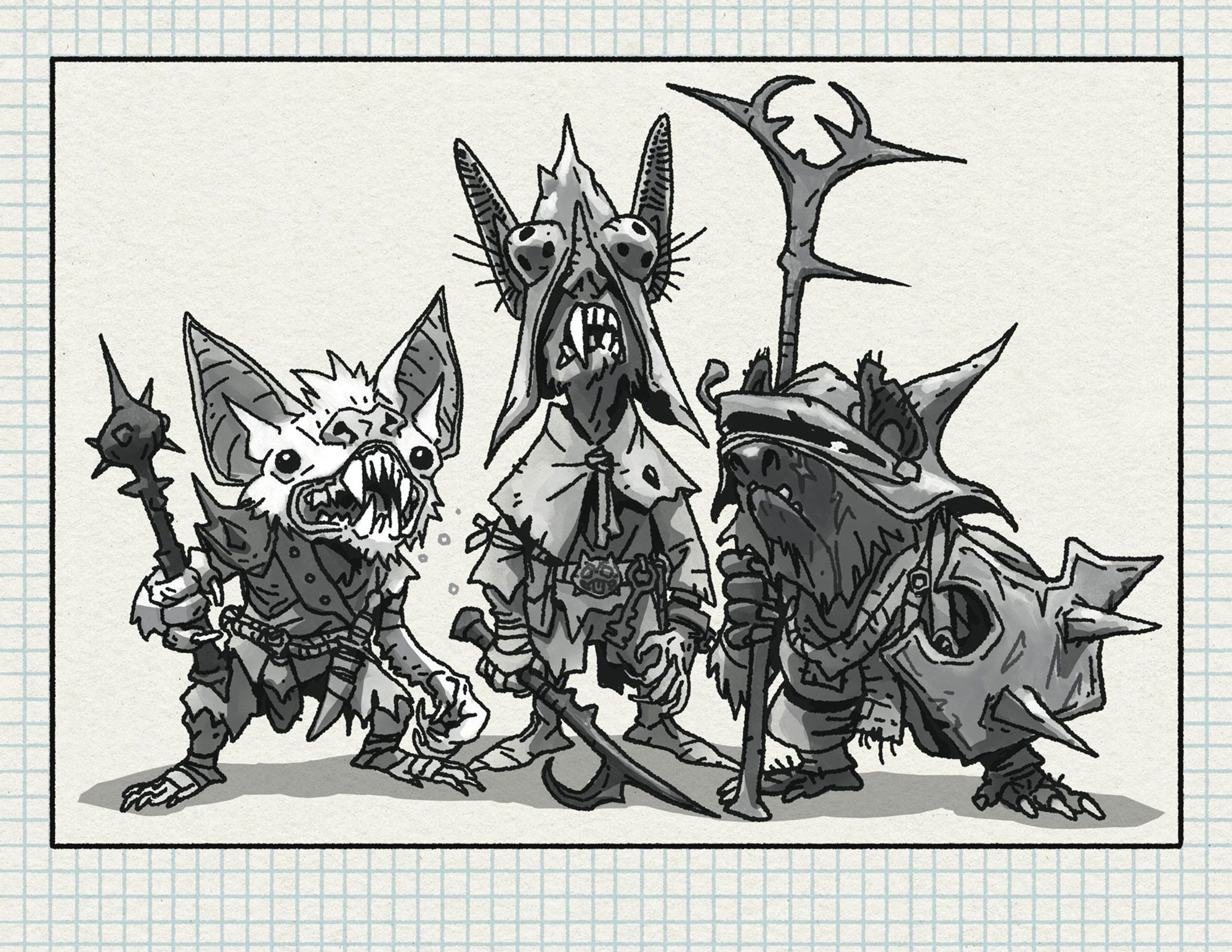 Three goblins standing in a row. They are inspired by bat morphology, with big ears and fangs, and ratlike paws. They have spiky iron weapons and armor and grotty clothes.