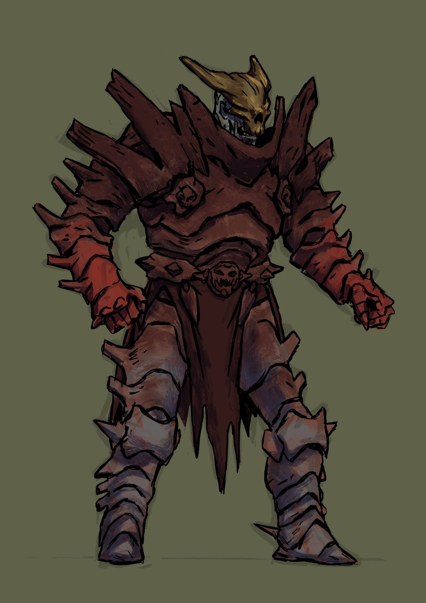 a zombie-like soldier minion. It wears rusty, spiky armor. It has a gold, eyeless horned skull mask. A hint of blue undead flesh can be seen behind the mask.