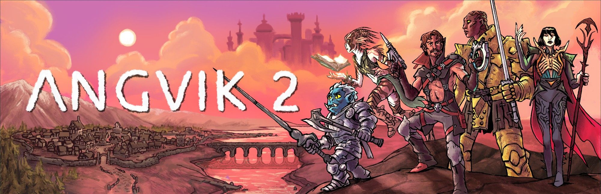 Steam banner for the roguelike platformer game Angvik 2, available now! An assembled crew of fantasy hero characters posing on a mountaintop, with a sunset world behind them beckoning adventure.