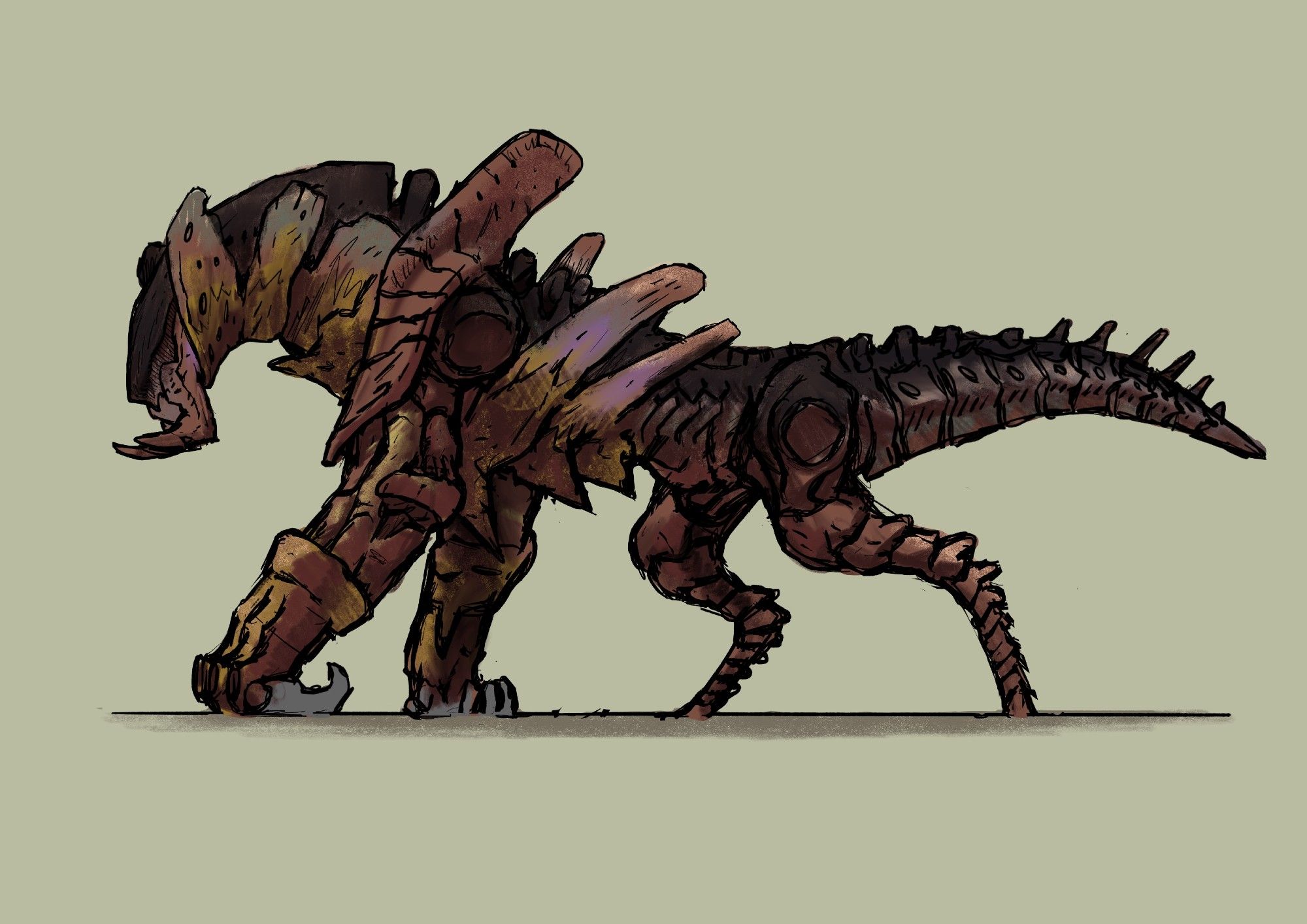 A synthetic/robotic beast. It stalks on 4 legs. The front legs are huge and ape-like with big shoveling claws. It has huge tusks and a rusty armored hide.