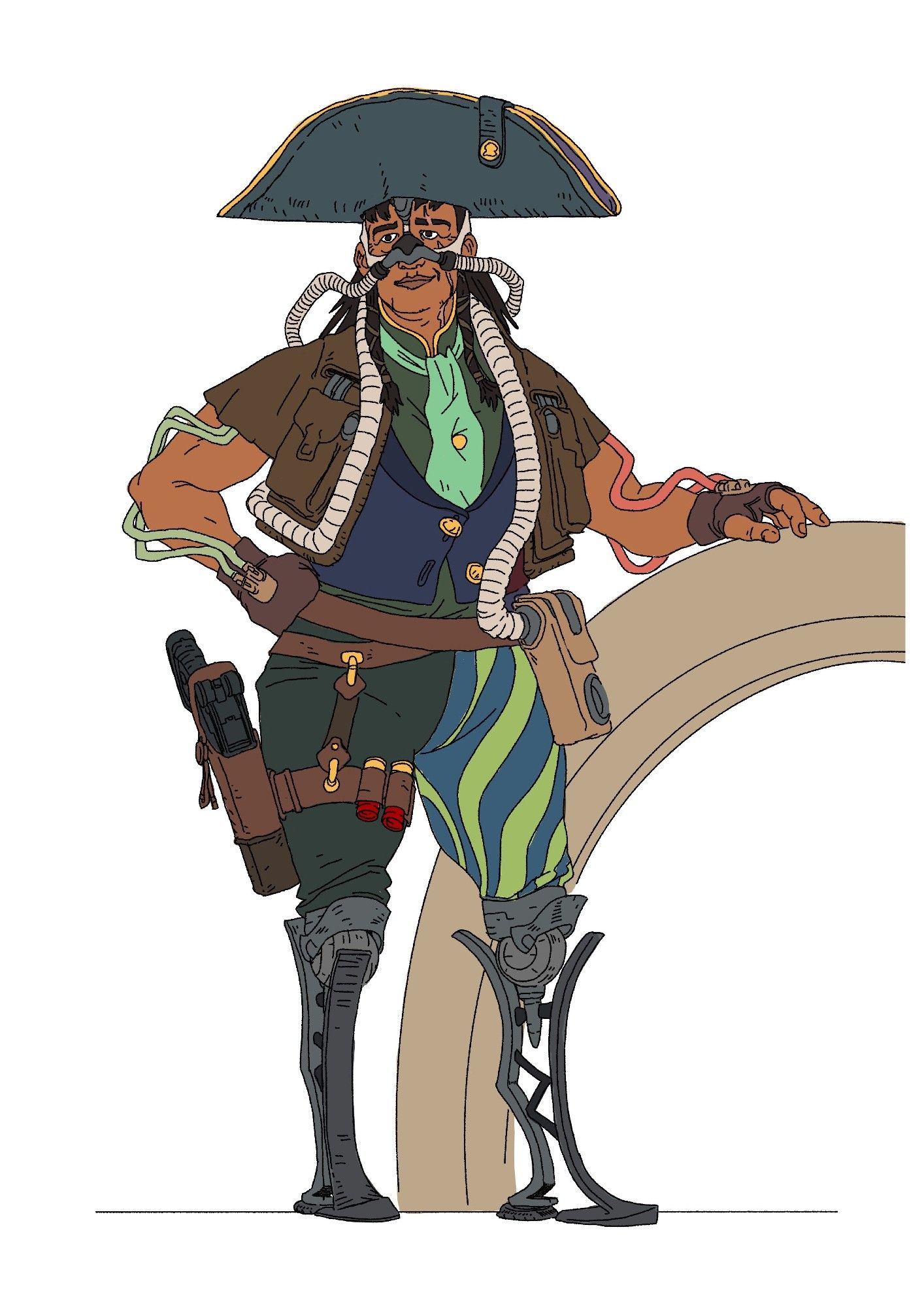 A pirate captain from the science fantasy realm of Angvik 2. She's a middle aged and weatherbeaten woman. She has a bicorne hat, a breathing apparatus on her face, and 2 prosthetic legs. She also has a large pistol on her hip.