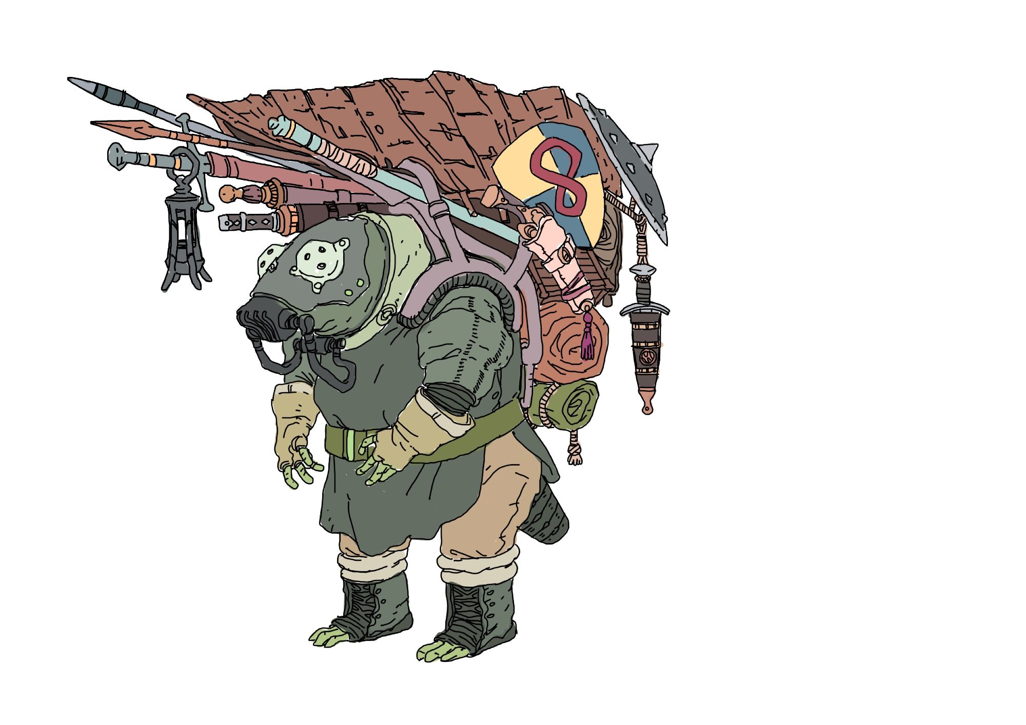 The merchant from Angvik 2. A humanoid hunched creature with an obscuring gas mask, carrying a huge amount of gear on its back to sell to the player.