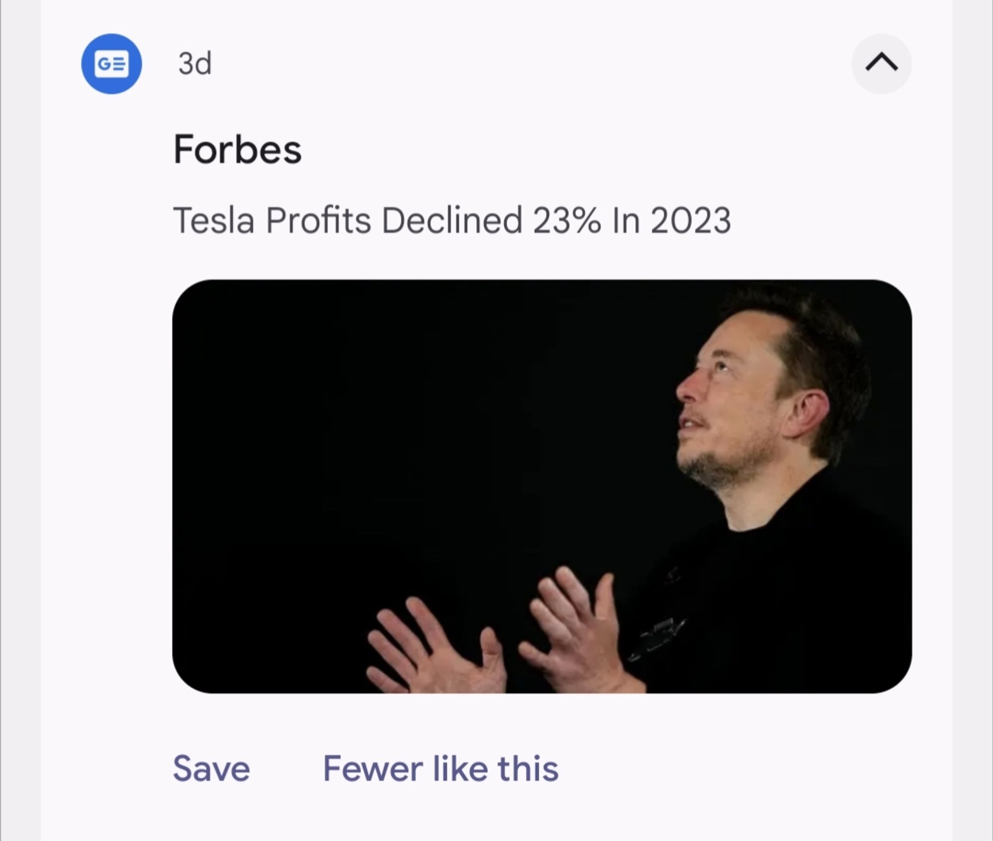 A Forbes article about Elon Musk features a photo of him looking upwards with hands outstretched as if either pleading or upset.

"Tesla's Profits Declined 23% in 2023"