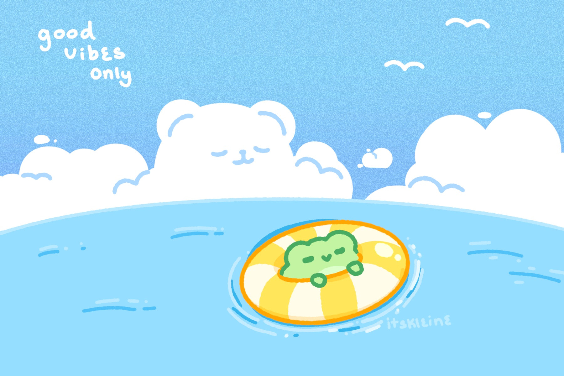 A cute small green frog on the ocean. He is in a yellow and white stripe floaty. There is a bear shaped cloud in the background and everything looks calm and happy. Good vibes only text in the top left.