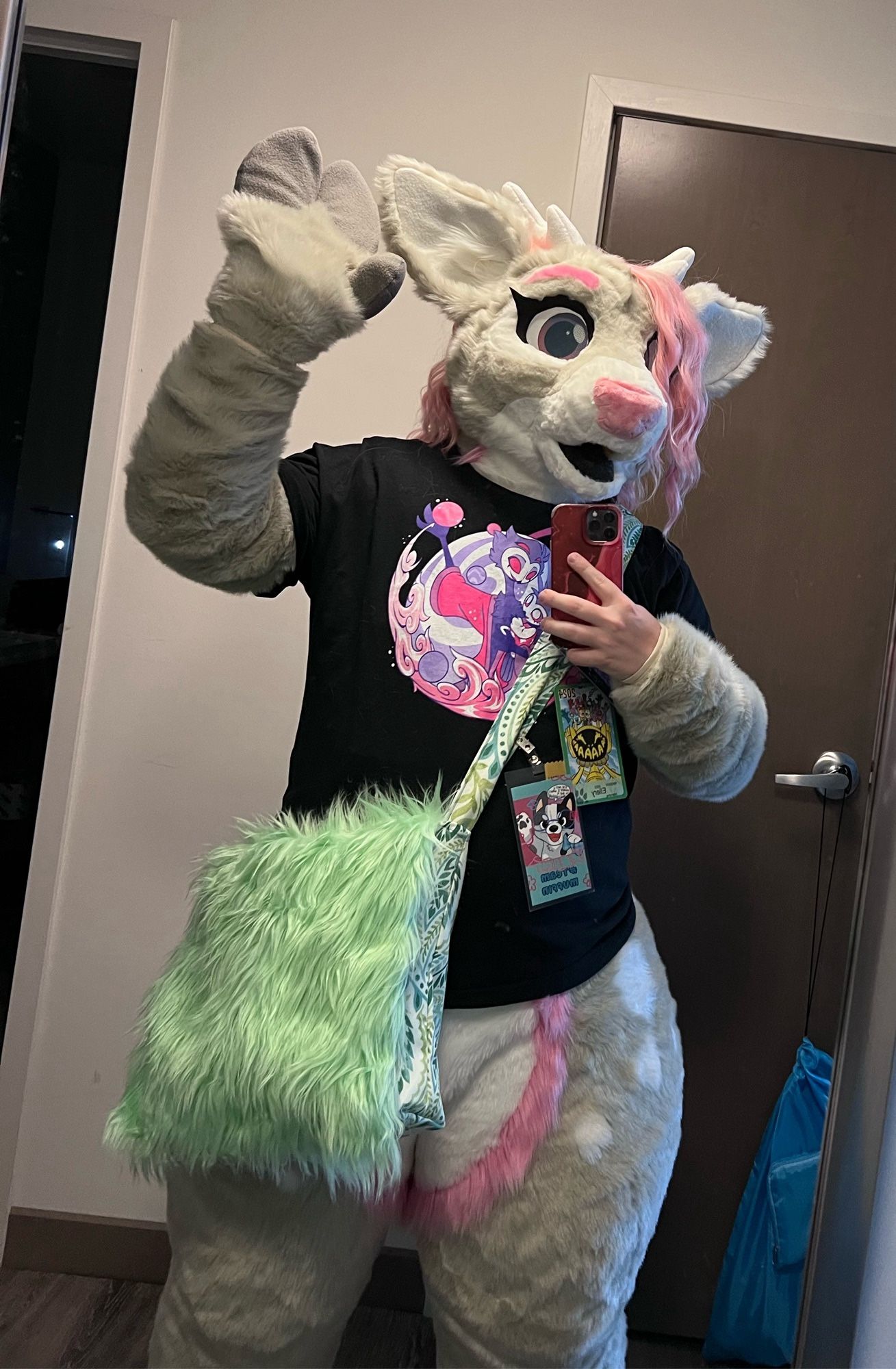 I’m dressed up in my Liberty fursuit getting ready to head to the con floor.