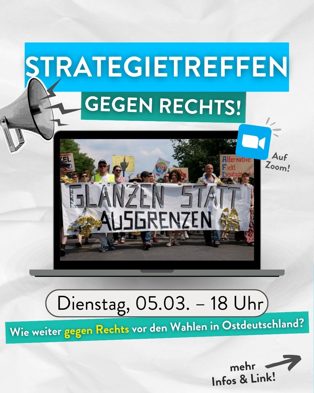 Titel: Strategietreffen gegen Rechts
Untertitel: Wie weiter gegen Rechts vor den Wahlen in Ostdeutschland
Dienstag 05.03. 18 Uhr. 
(Auf Zoom)