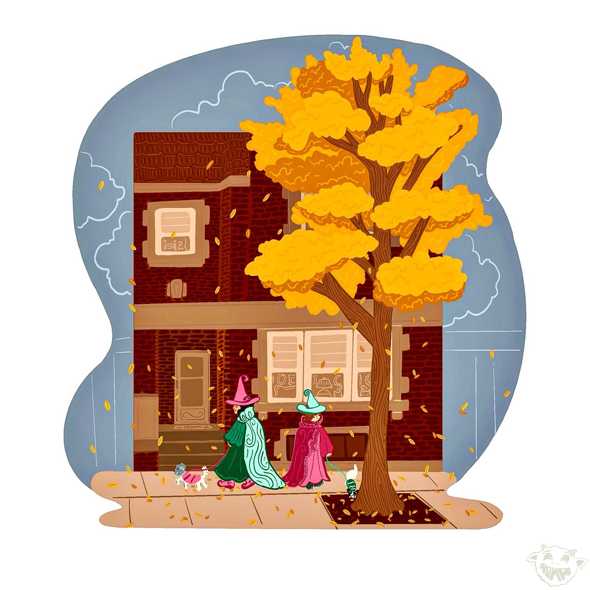 Drawing of two witches walking two small dogs in sweaters in front of a red brick building. There is a yellow tree showering the scene with leaves above them. The dog at the back is sniffing the tree. The dog in front is prancing.