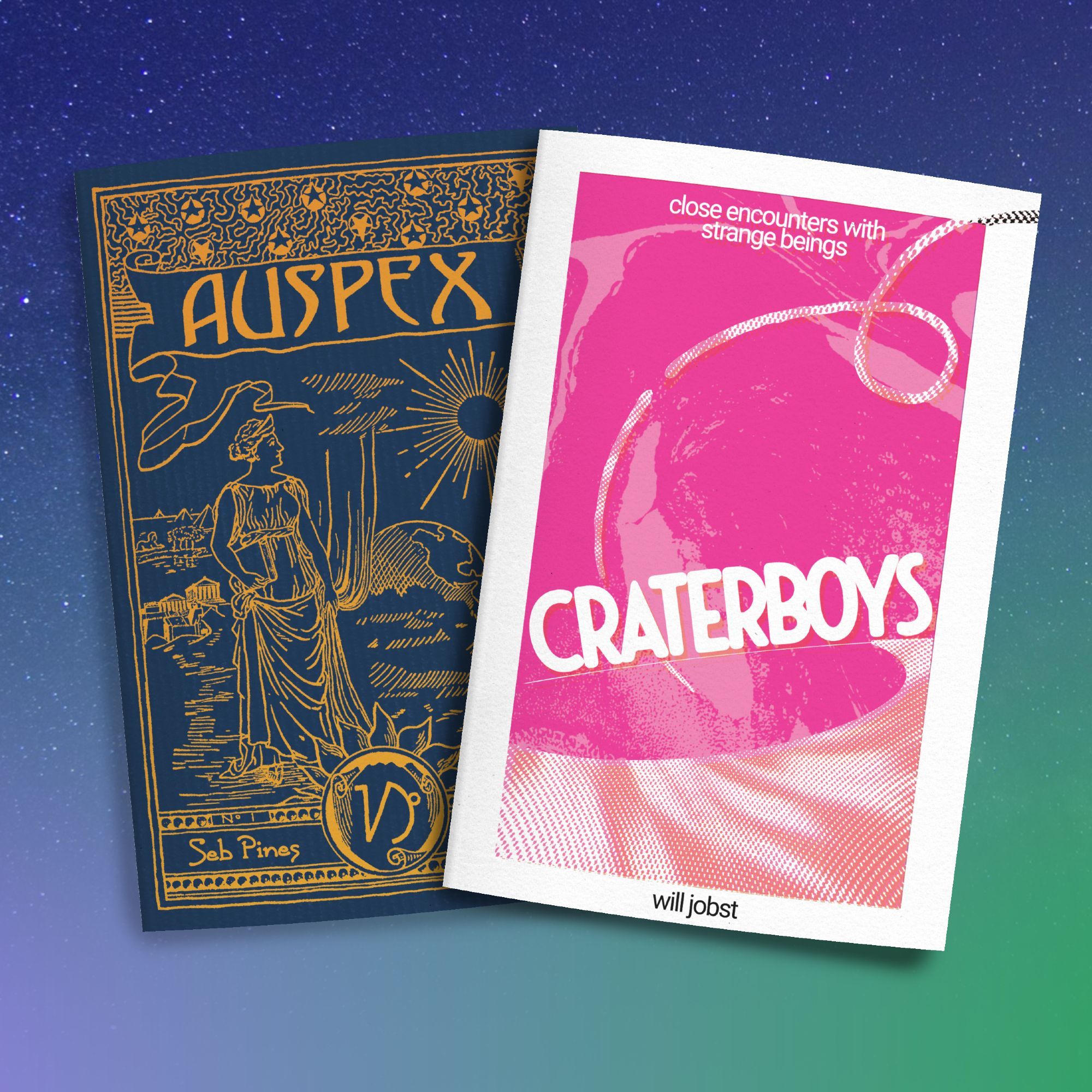 The covers of two zines. The one on the right is titled Craterboys with a tagline saying "close encounters with strange beings" the cover is bright pink and pale orange with an abstract motif of something crashing into the ground from space. The cover on the left is titled Auspex and shows an black and gold etching style illustration of a ancient greek woman pulling back a curtain revealing the cosmos