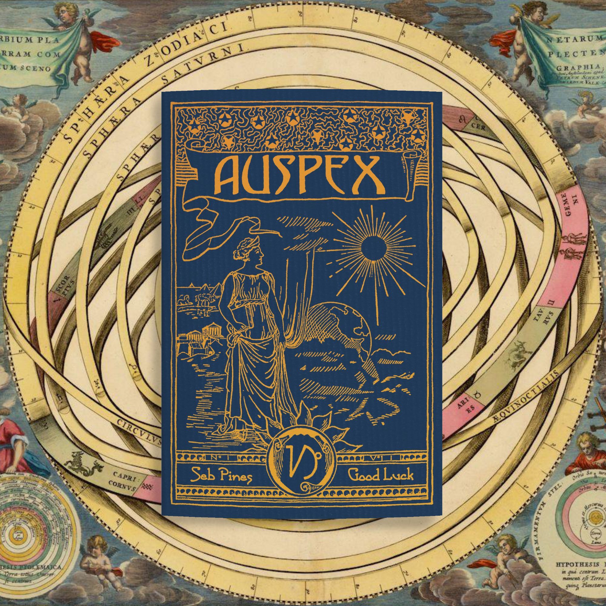 The cover of a zine titled Auspex and shows an black and gold etching style illustration of a ancient greek woman pulling back a curtain revealing the cosmos