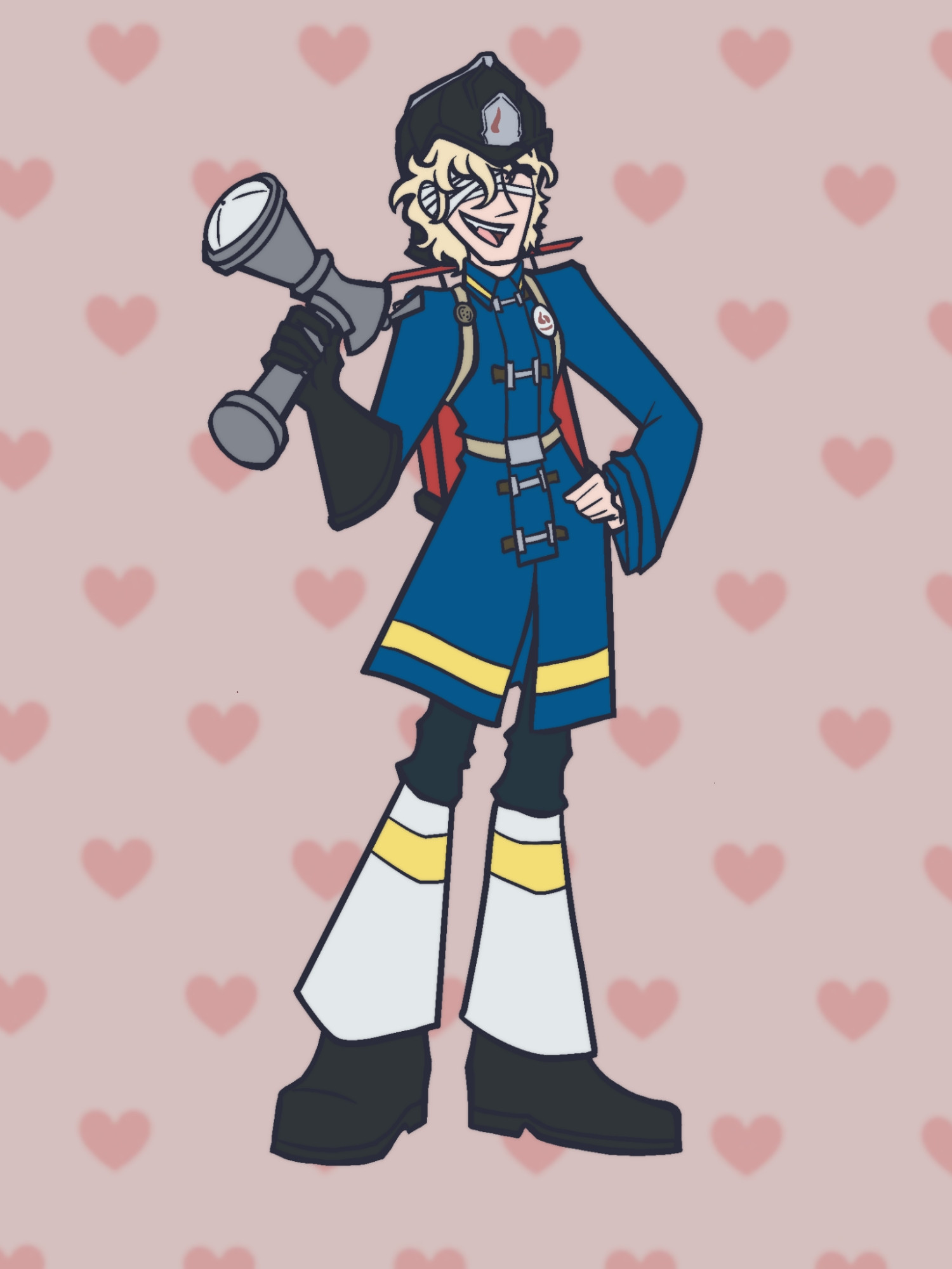 Florian Brand from Identity V holding his pillow gun against a pink heart background