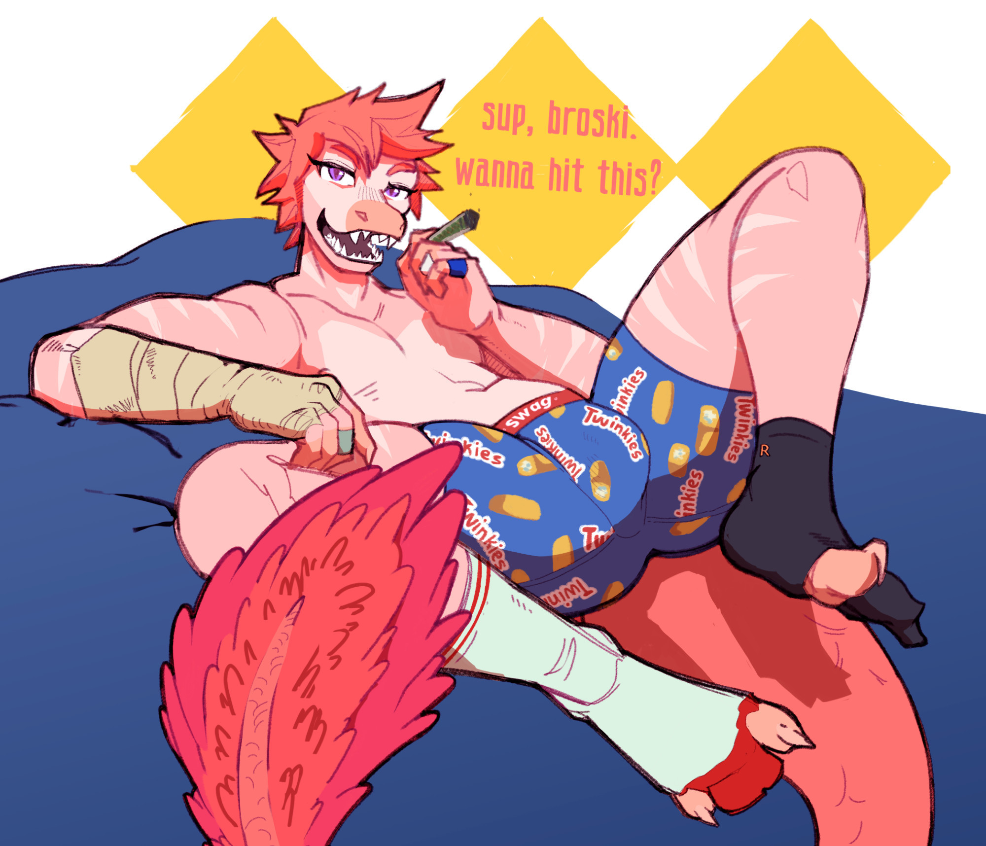 Reed from Goodbye Volcano High/Snoot Game clad only in twinkie-branded boxer briefs and mismatched socks, laying on his back on a bean bag. His rosy lavender eyes stare look directly at the viewer. In his hand is a joint. Reed says to the viewer, "sup, broski. wanna hit this?"