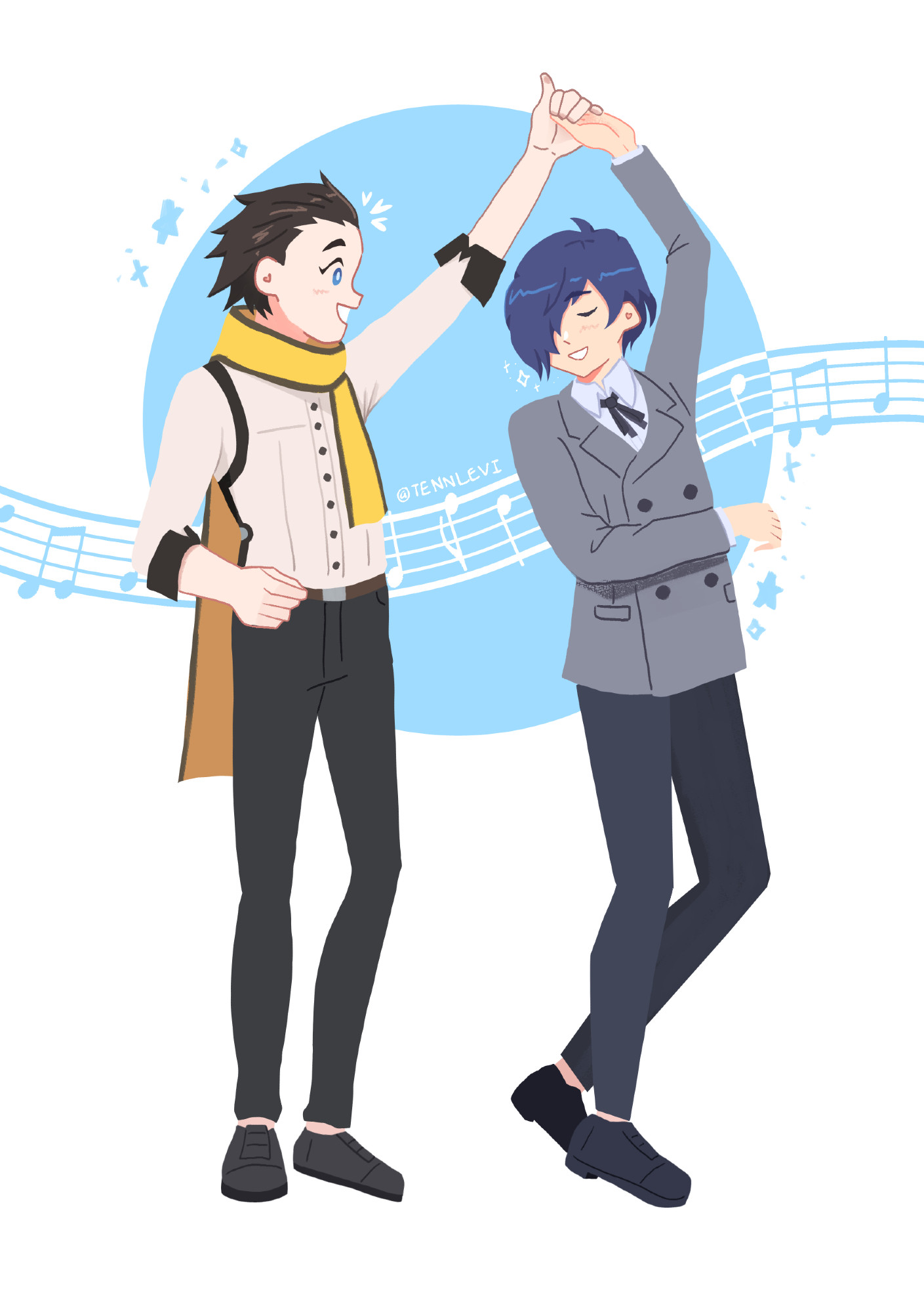 art depicting the persona 3 protagonist and ryoji dancing on a blue backdrop!