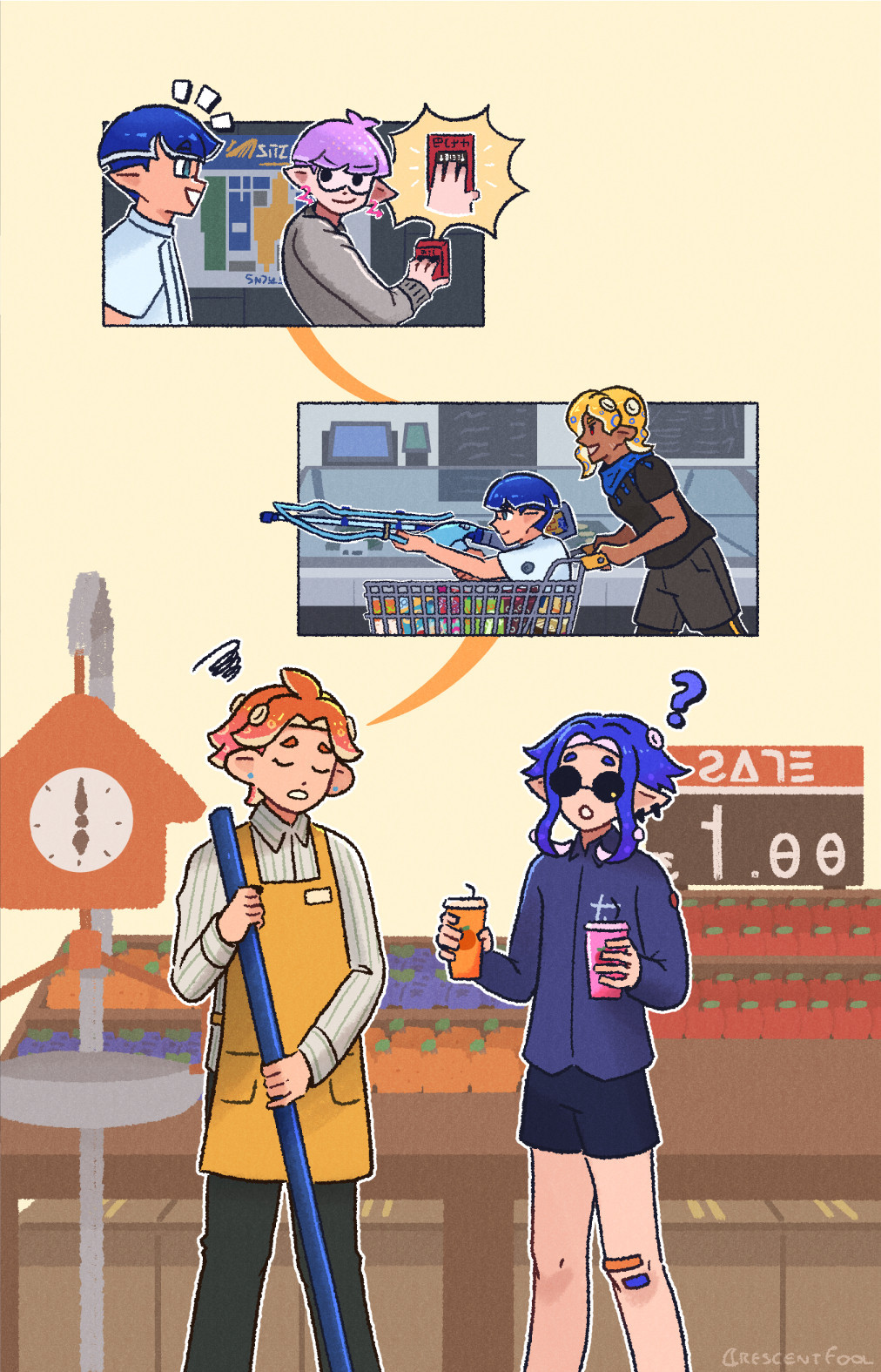 an illustration depicting the types of things sydney has seen while working at the makomart. in the top panel, minatoast is encouraging his friend kipper (purple inkling) to pull the fire alarm. in the middle panel, ryosea (blue-ringed octopus octoling) is pushing minatoast around in a shopping cart as minatoast steadies his aim with his squiffer. these panels are connected by a speech trail, leading to the bottom half of the illustration, where sydney retells these events to shades in the fruit aisle of makomart. sydney is mopping with a tired expression, while shades is holding an orange and strawberry smoothie cup.