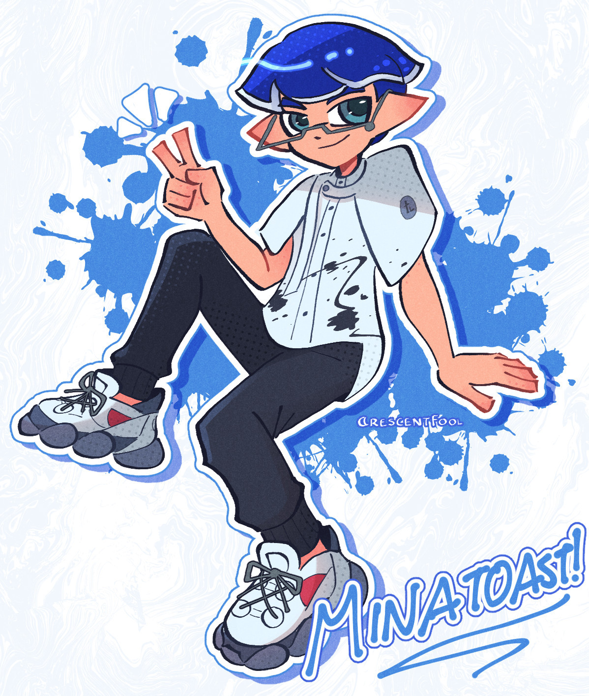 an illustration of my splatoon oc, minatoast sitting and posing. he's holding up his right hand doing the peace sign, and he has a smug and confident expression. behind him is a splash of blue paint.