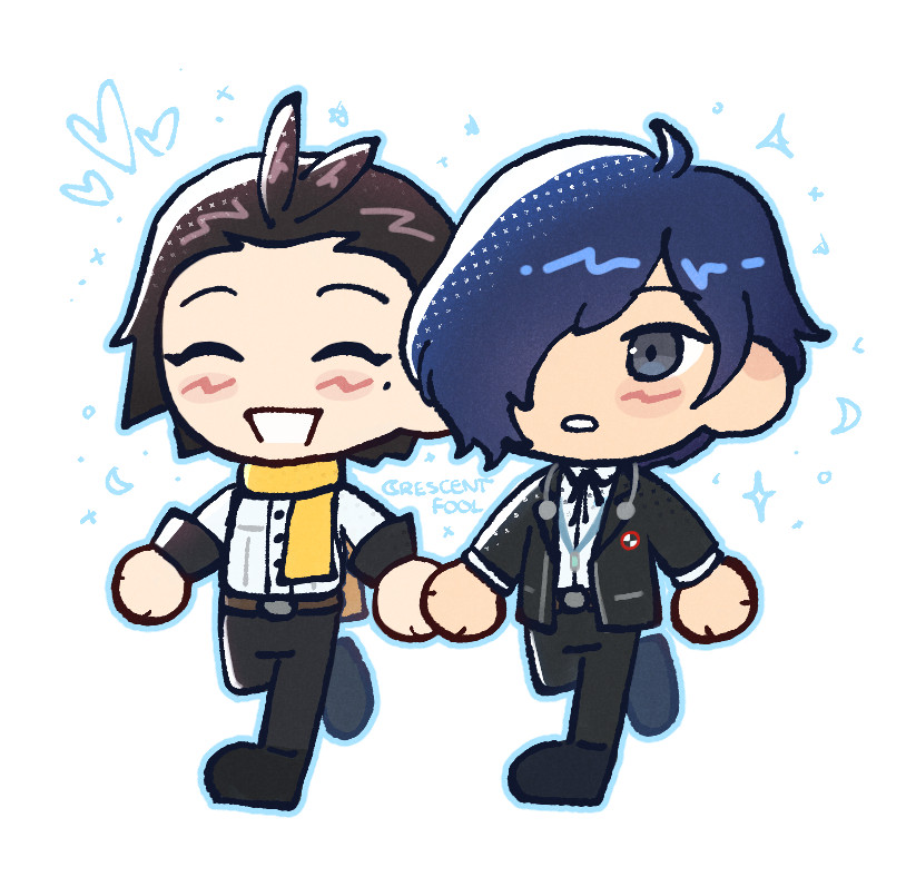 art of the persona 3 protagonist and ryoji mochizuki as chibis, who are walking together while holding hands.