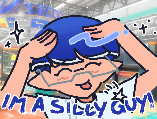 art of my splatoon oc, minatoast, doing the "ah... eto... beh!" pose inside the makomart. at the bottom of the image is handwritten text that says "IM A SILLY GUY!"