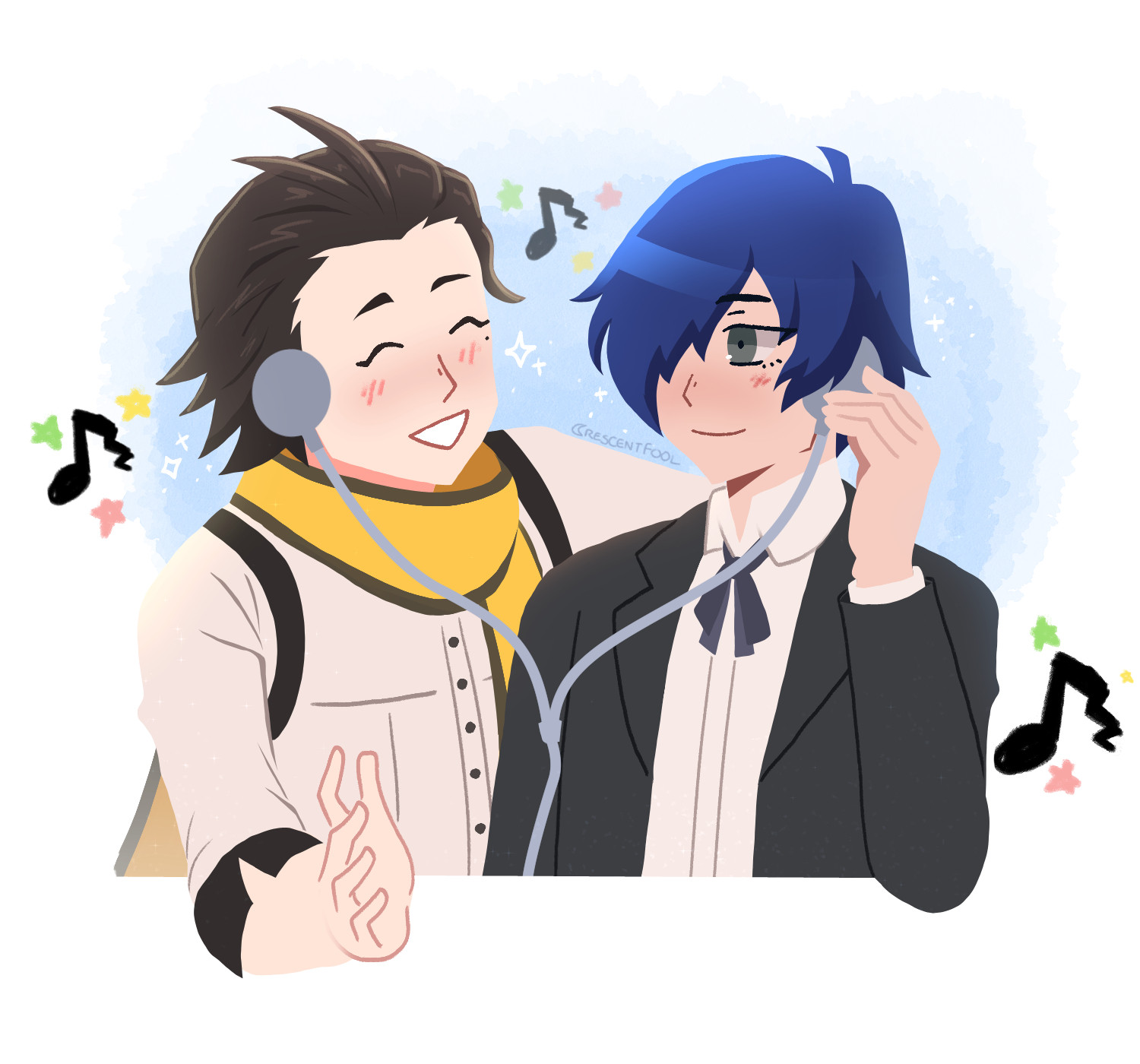 art depicting ryoji and minato sharing earbuds together- they are listening to music together!