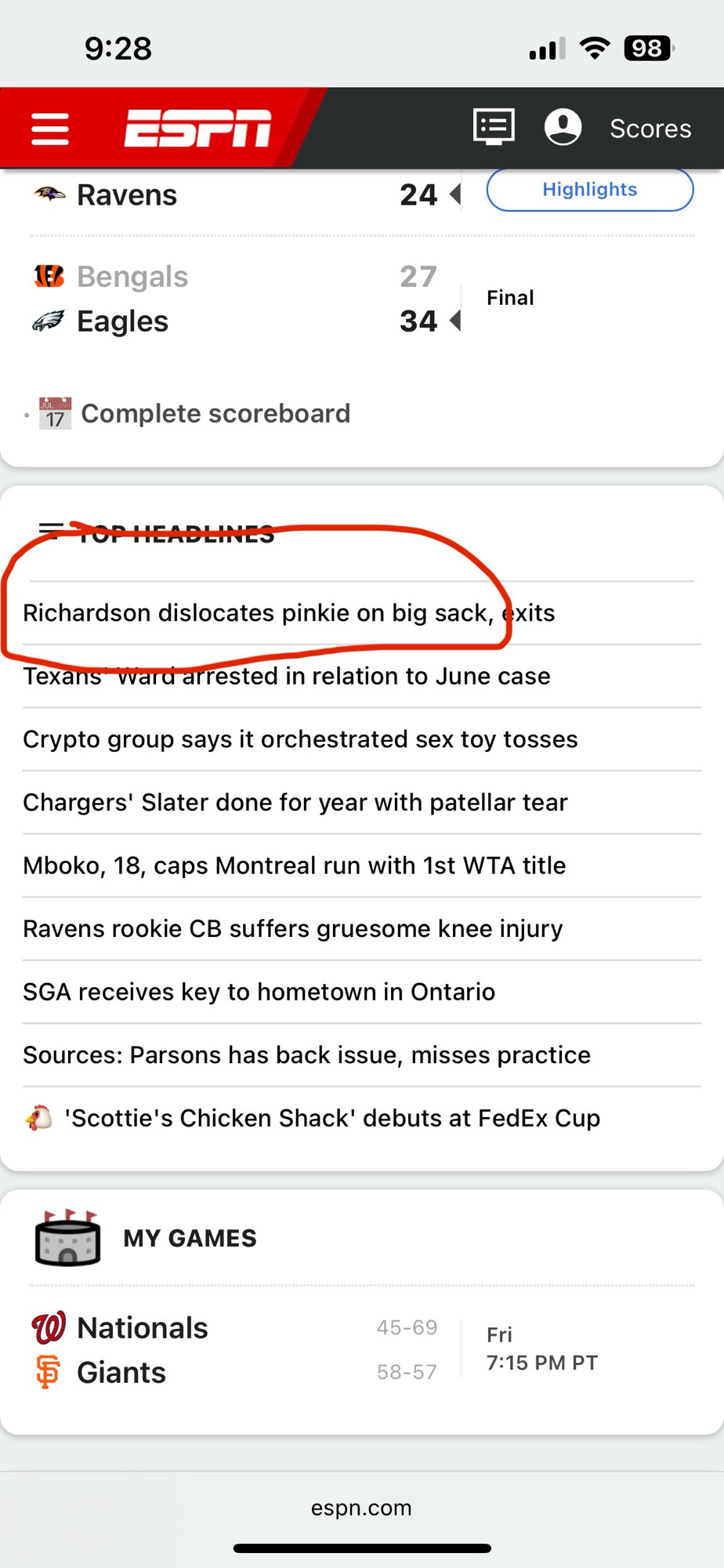 ESPN headline that reads “Richardson dislocates pinkie on big sack”