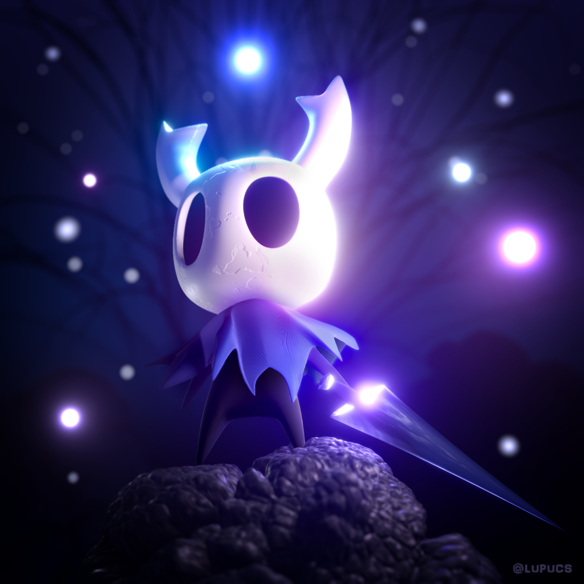 A stylized 3D render of The Knight from Hollow Knight, wielding their nail sword. The background depicts scenery from Hallownest. They are surrounded by a bunch of glowing orbs.