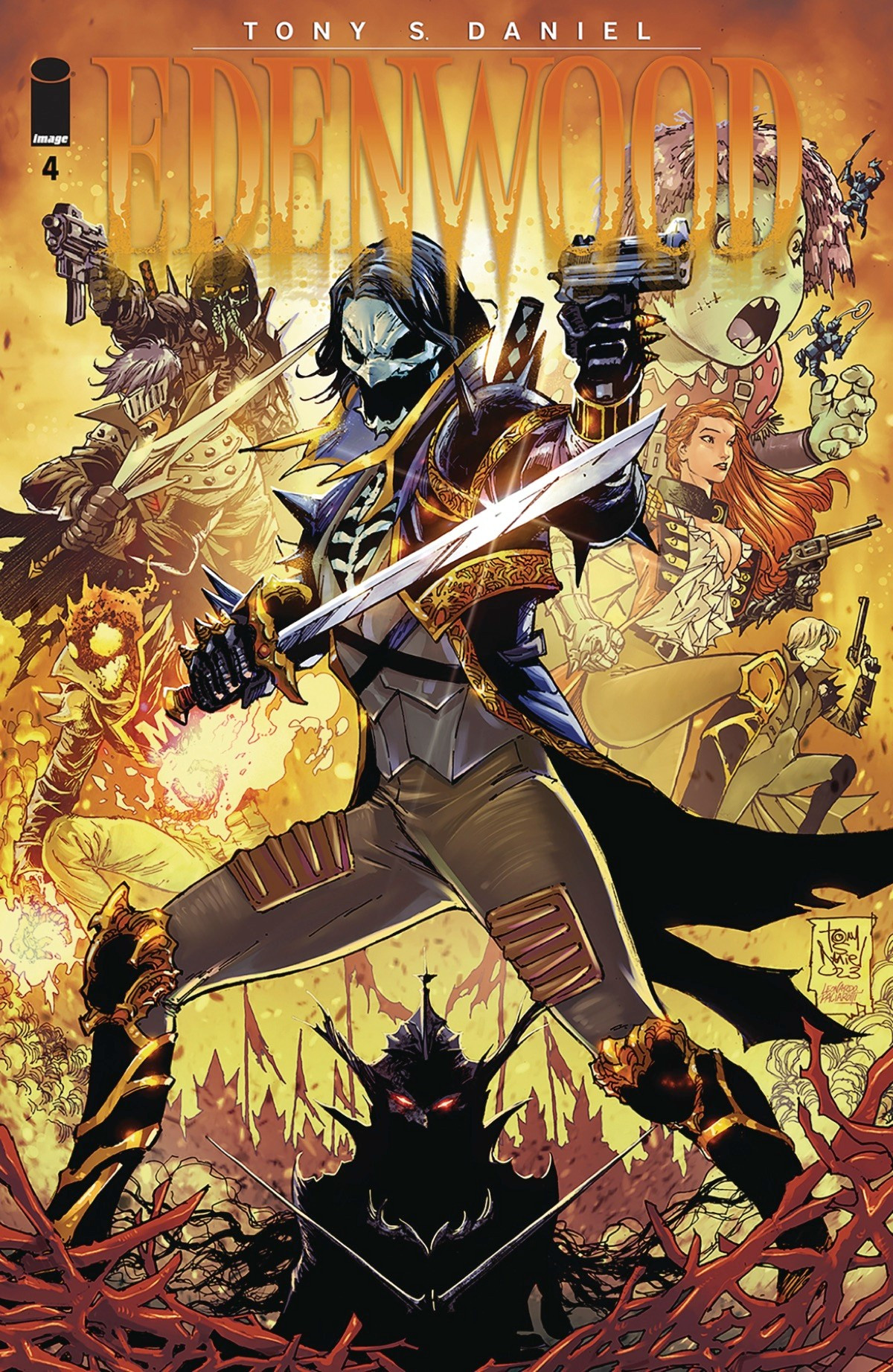 Cover of Edenwood #4. Depicting Bastille front and center surrounded by allies and villains.